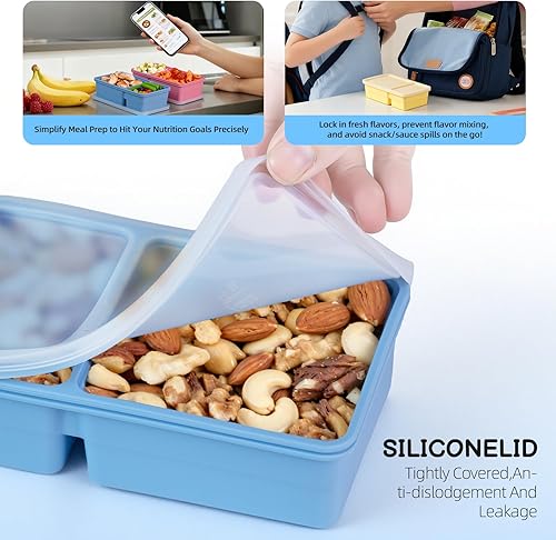 Miniatura 5 de Paquete de 3 recipientes de silicona con tapas, 12 onzas de doble compartimento reutilizable, caja Bento para niños, cajas de almacenamiento de