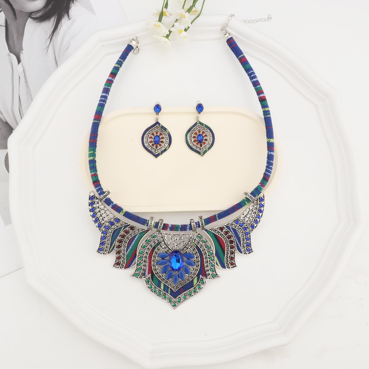 African Jewelry Sets for Women Boho Tribal Retro Statement Choker Necklace and Dainty Dangle Earring Set Multicolor Ethnic Style Chunky Bib Collar Costume Jewelry Accessories for Women - Image 6