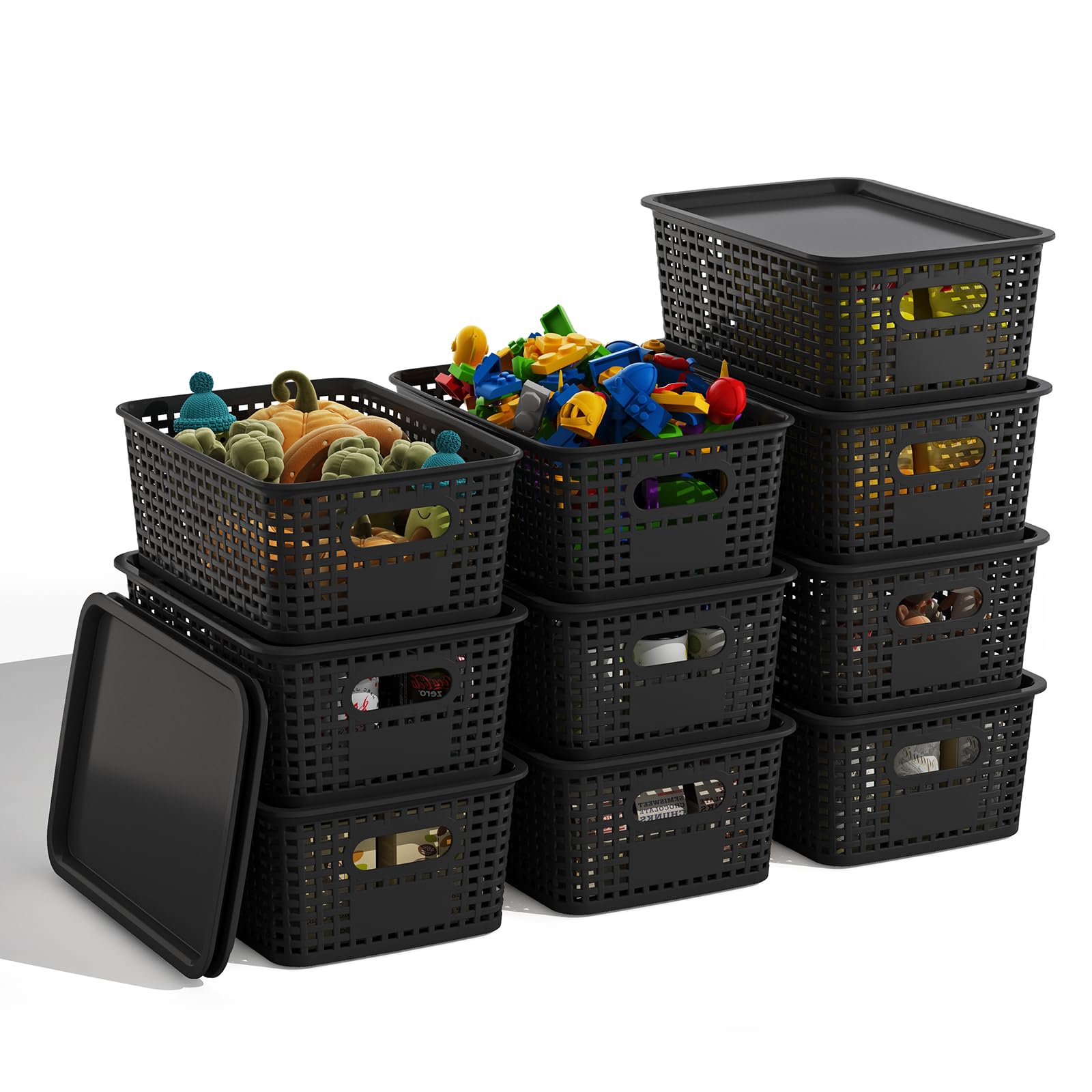 Photo 1 of BOBIBOSS Black Plastic Storage Baskets with Lids 10 Pack Stackable Storage Bins Containers for Shelves Organizing, Cute Decorative Storage Boxes for Classroom, Playroom, Closet, Pantry