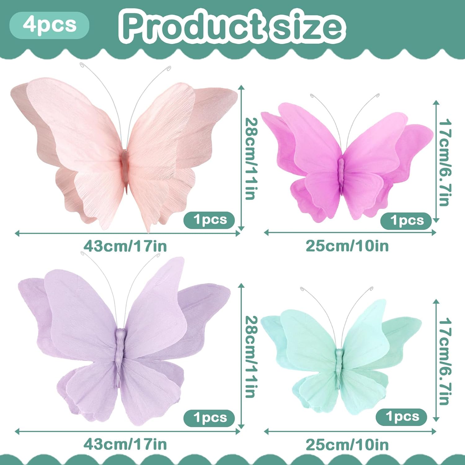 3D Hanging Butterfly Decorations, Butterfly Birthday Party Decorations, 4 Pcs Crepe Paper Butterfly Hanging Decorations for Girls, Women, Flower Garden Party Decorations - Image 2