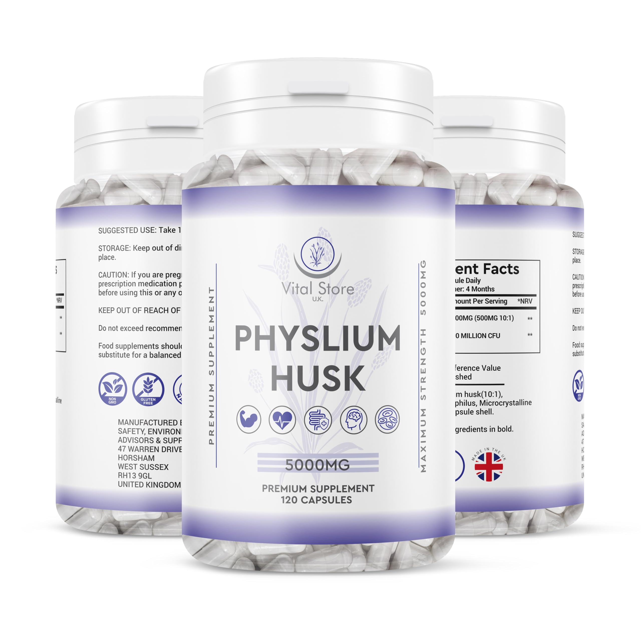 Physlium Husk 5000mg - 4 Month Supply 120 Capsules - Vegan Physlium Husk