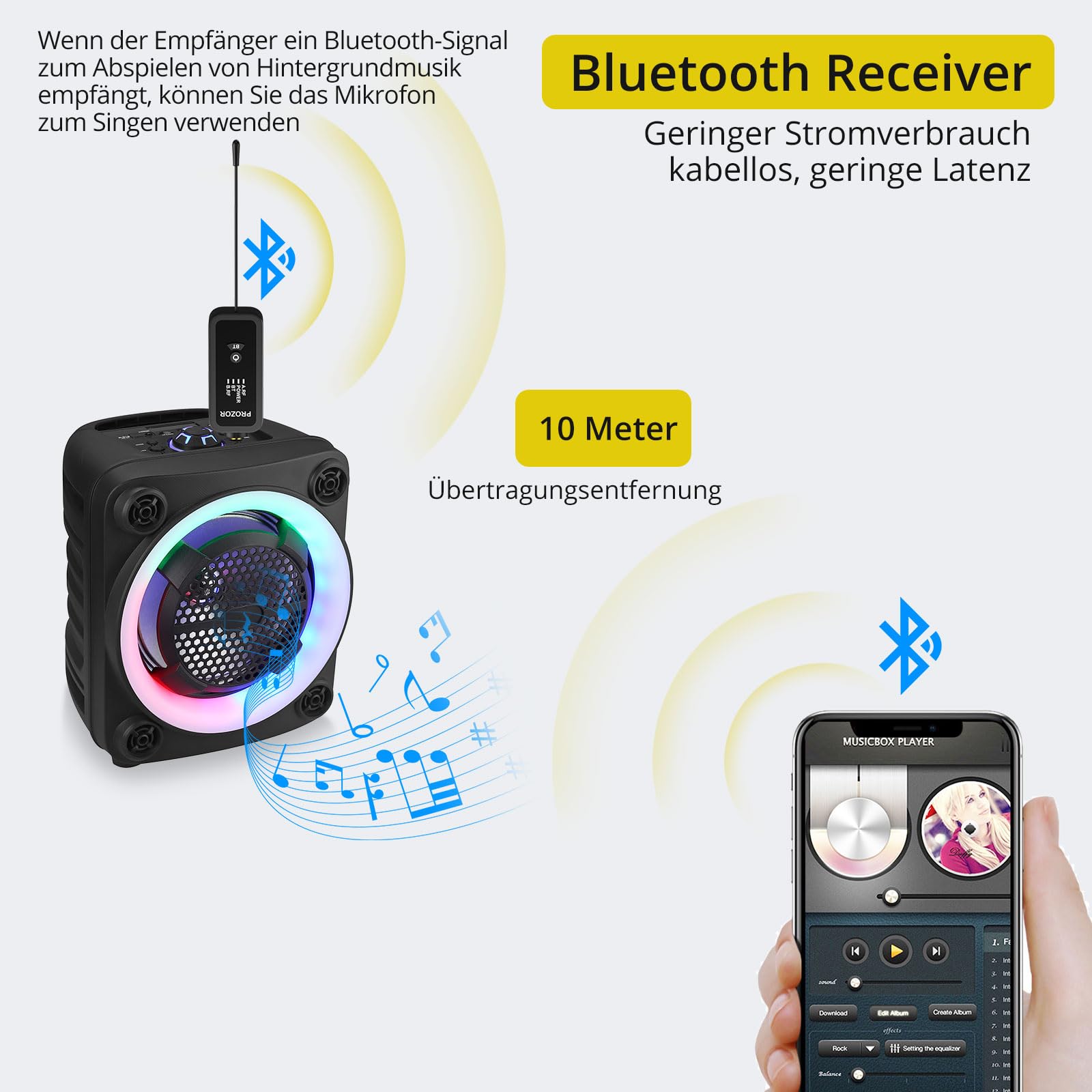 PROZOR Drahtloses Mikrofon Dual UHF Metall Handmikrofon mit Höhen-Bass-Echo-Steuerung, wiederaufladbar Empfänger, Drahtloses Mikrofonsystem für Gesangsparty, DJ, Hochzeit, Lautsprecher, Verstärker