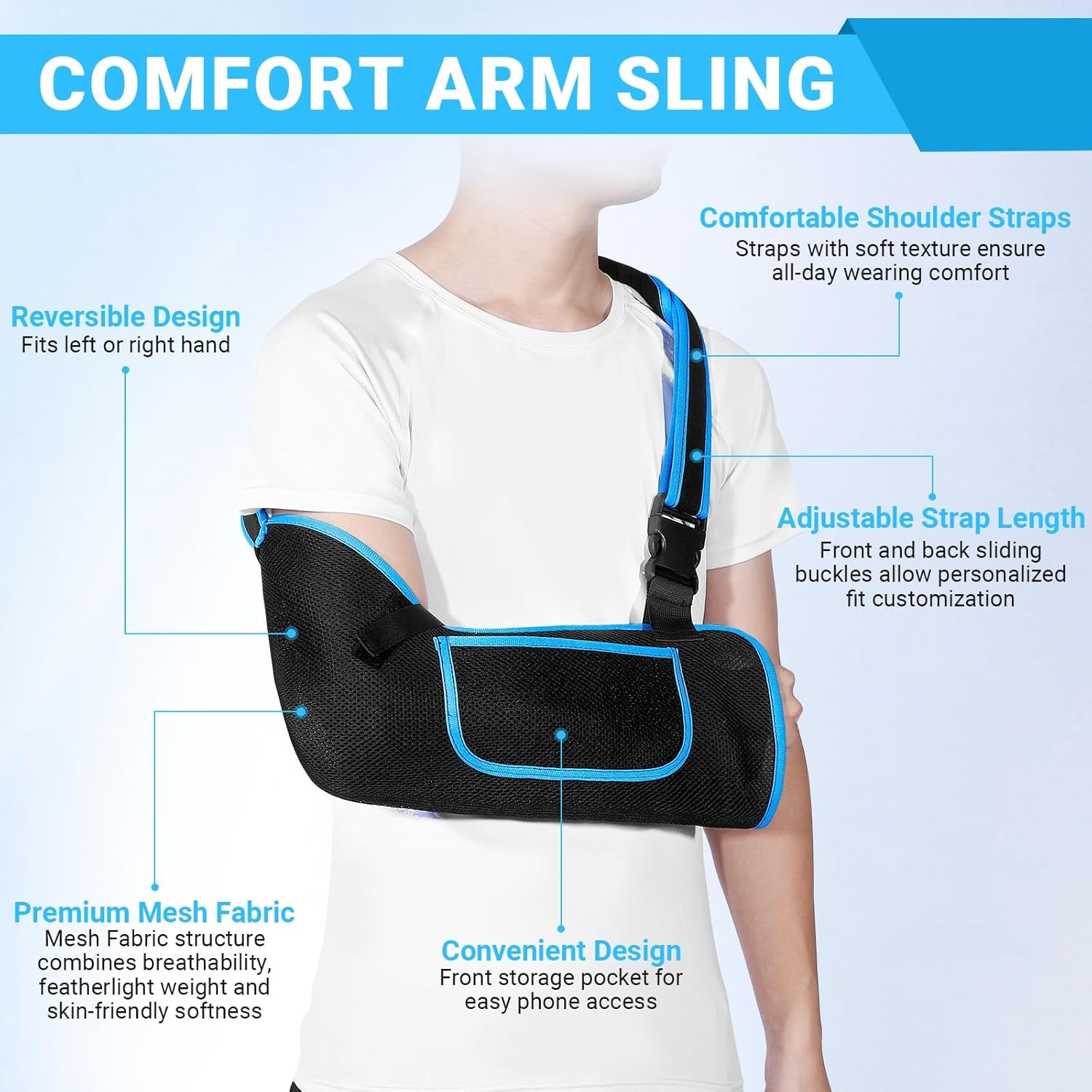 Arm Sling Shoulder Immobilizer for Women and Men,Adjustable Shoulder Sling for Torn Rotator Cuff Brace,Fits Left or Right,for Shoulders,Arm,Wrist,Elbow,and Clavicle Injury (1, Blue) - Image 2