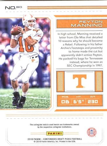 Miniatura 2 de 2018 Panini Contenders Draft Picks Season Ticket #80 Peyton Manning Tennessee Volunteers NCAA Collegiate Football Card
