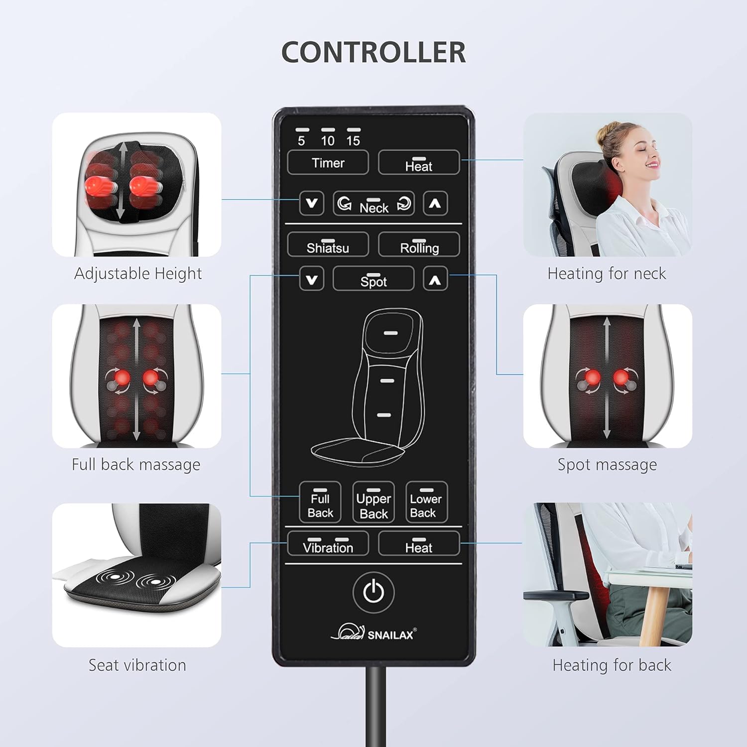 Snailax Neck and Back Massager with Heat, Shiatsu Back Massager for Back Pain, Kneading,Rolling Massage Seat Cushion,Full Body Massage Chair Pad,Seat Massager for Chair,Ideal Gifts