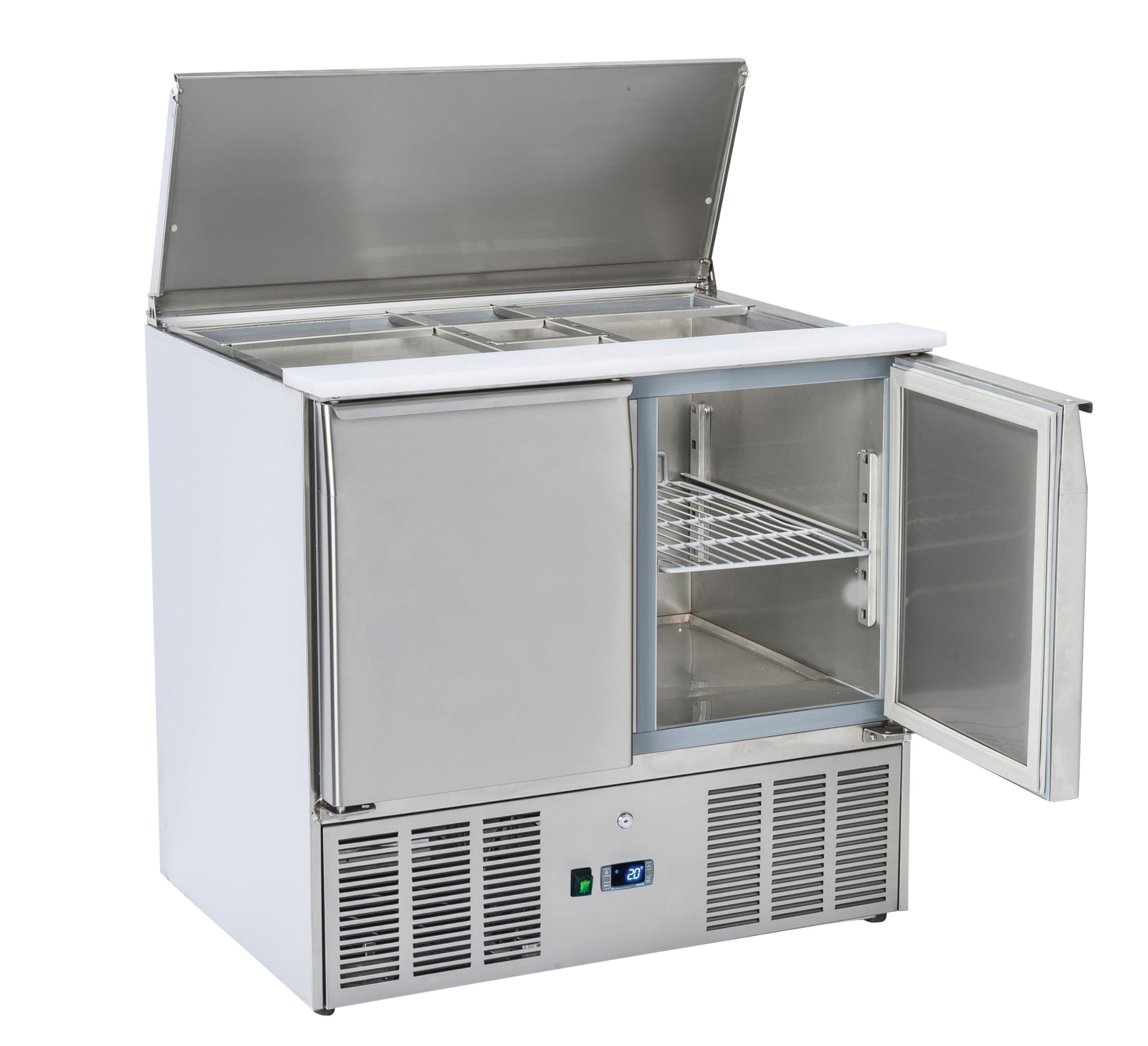 METRO Professional Saladette refrigerata GSA3600GN, acciaio inox, 90 x 70 x 88.8 cm, 239 L, con 10 vaschette GN, con serratura, argento (Con vaschette GN)