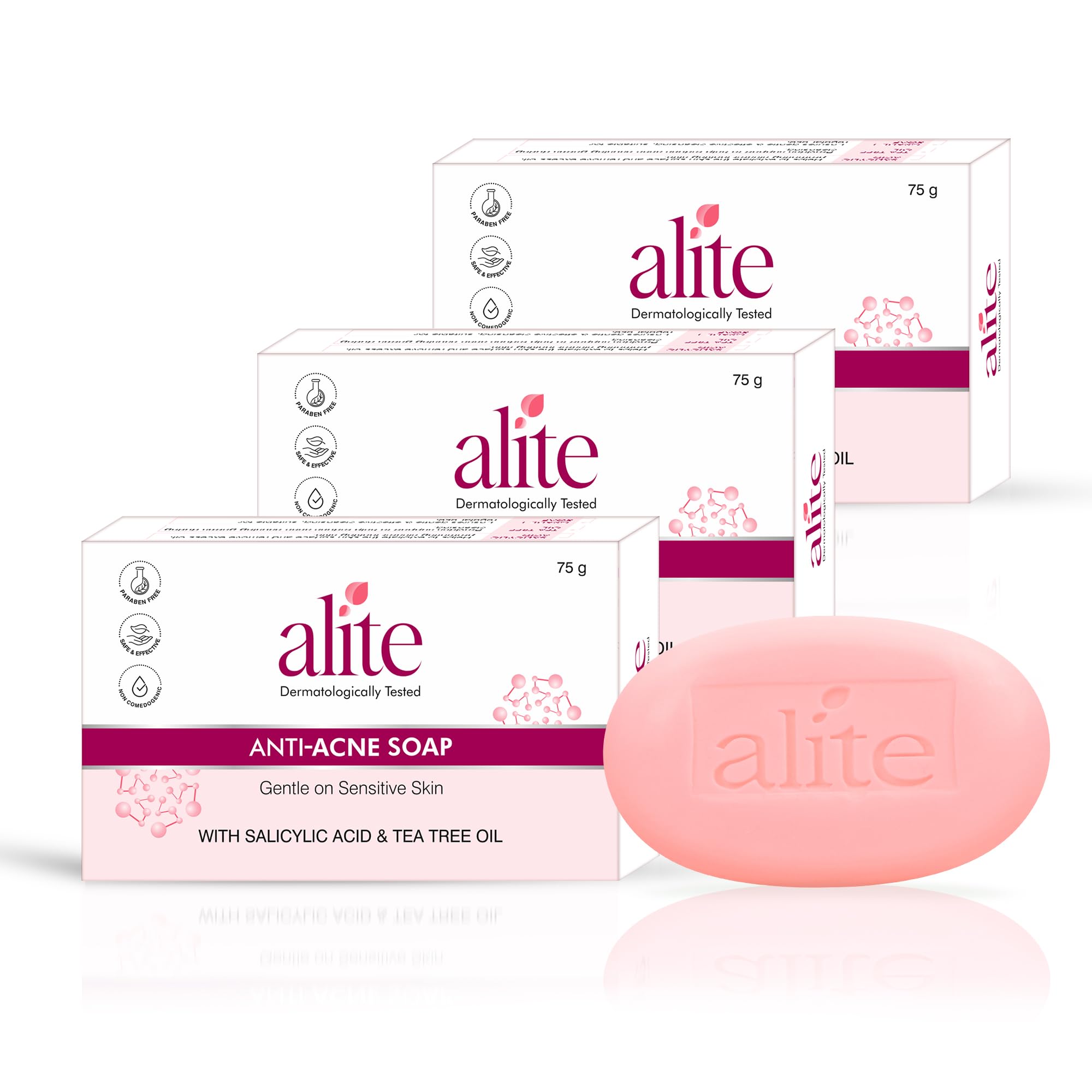 alite anti-acne soap with tea tree oil, salicylic acid & chlorhexidine | anti-bacterial face & body soap for pimples, blackheads & acne-prone skin | men & women | dermatologically tested | 75 g each ( pack of 3 )