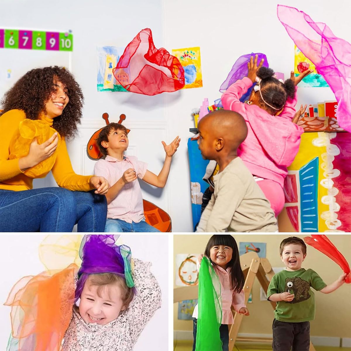 Pañuelos de Baile, Pañuelos de Malabares, Pañuelos Colores para Niños, Pañuelos de Gasa, Multicolor Pañuelos de Baile para Fiestas Infantiles y Juegos Malabares 60x60cm, 6 Pcs