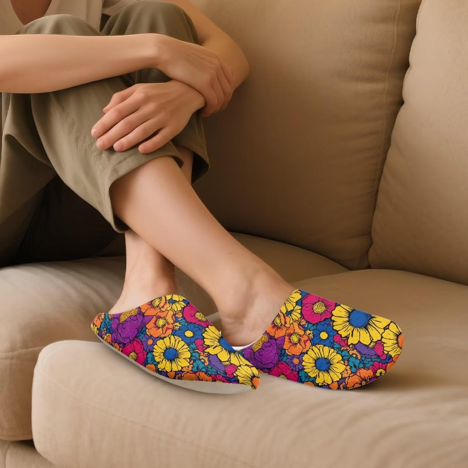 UNICEU Hippie Flower 3 Pairs Spa Slippers for Women Reusable Comfortable Slippers Lightweight Breathable Indoor Shoes