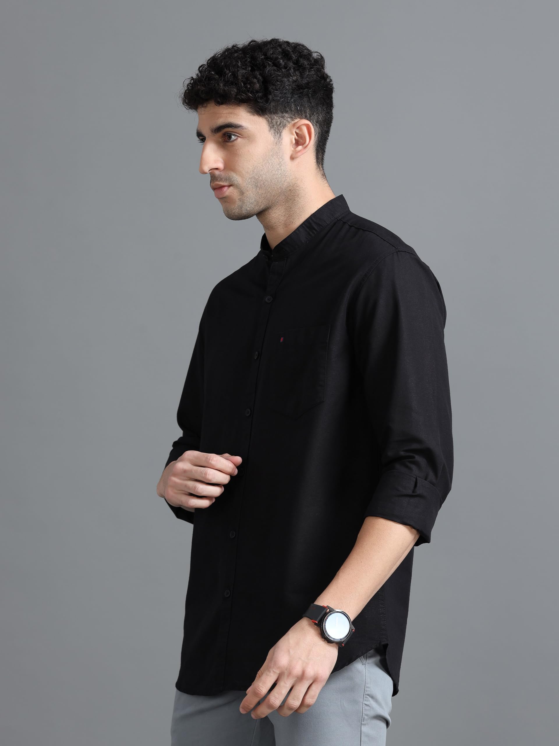 COOL COLORS Men's Solid Slim Fit Cotton Full Sleeve Casual Shirt with Mandarin|Chinese Collar,Chest Pocket