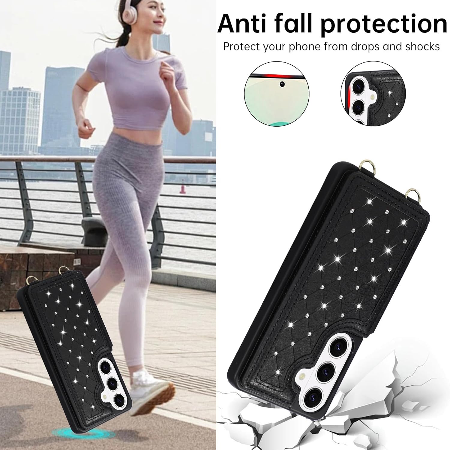 for Samsung Galaxy S26 Wallet Case with Card Holder Slots and Strap, RFID Blocking Magnetic Flip Folio Cover, Crossbody Purse Protection Case with Kickstand,Black Diamond