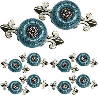 10pcs Ceramic Blue Dresser Knobs with Pattern, Vintage Cabinet Knobs wit...