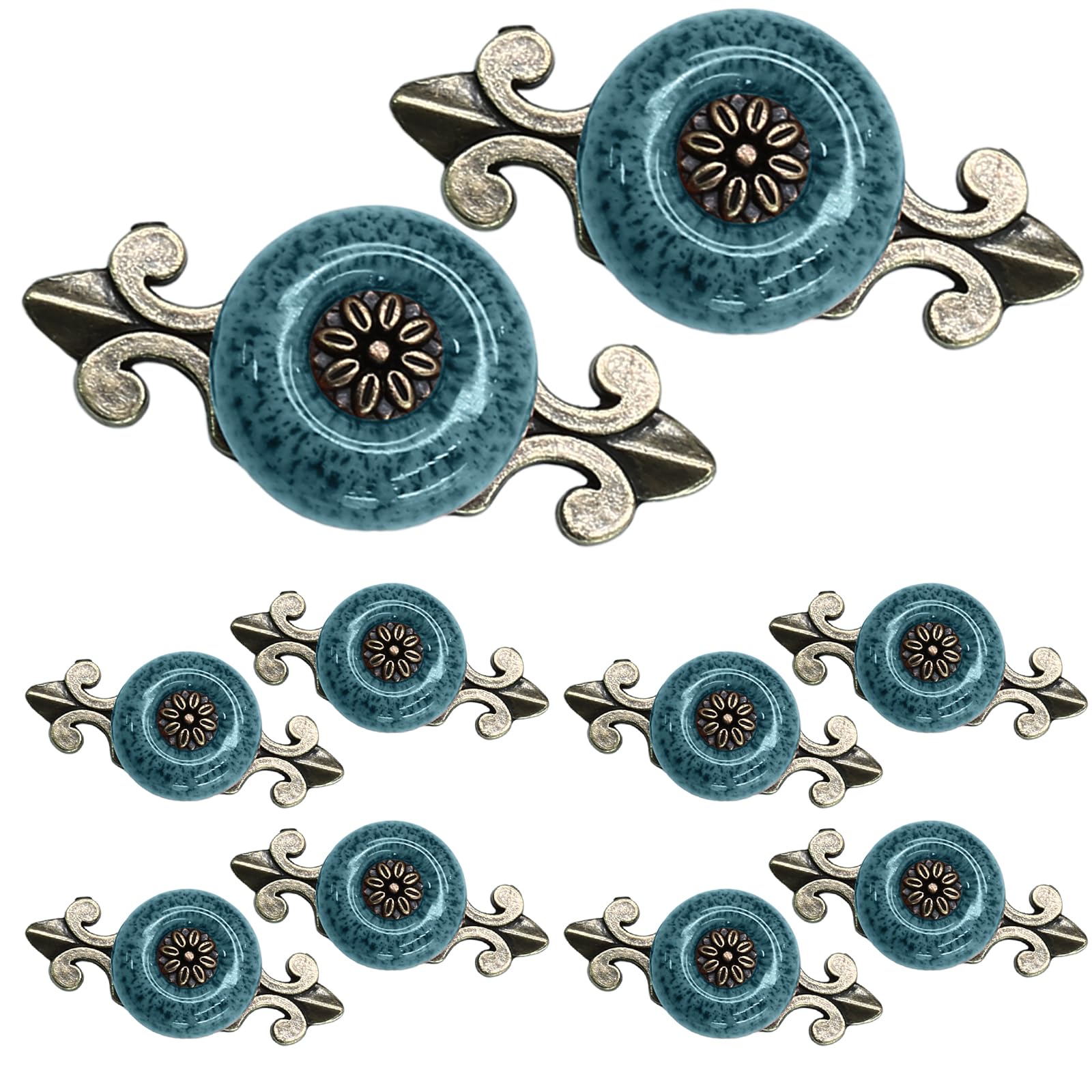 Suiwotin 10pcs Ceramic Knobs Blue with Pattern, Vintage Cabinet Knobs with Antique Bronze Back Plate, Decorative Drawer Pull Handles for Closet, Cupboard