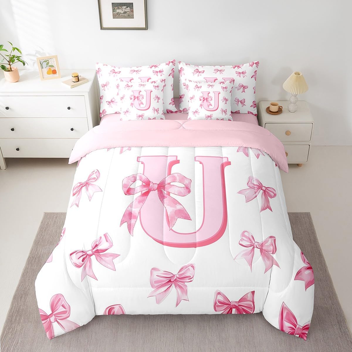 Erosebridal Cute Pink Bow Full Comforter Set 7 Piece Princess Style Bowknot Girls Bedding Set Initial Letter U Bed in A Bag with Sheets Girly Kawaii Alphabet Bow Bed Set for Kids Teen Women