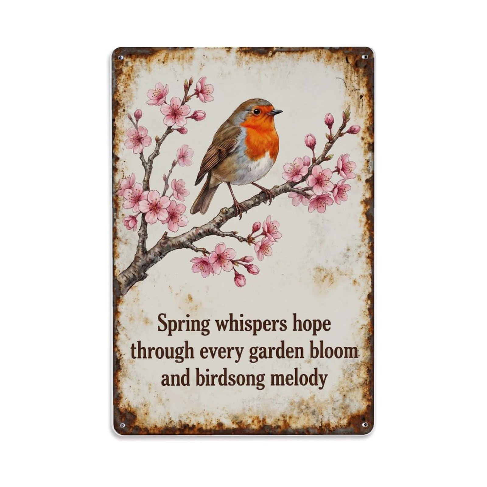 Fqnyr Style Robin Bird Garden Quote Spring Blossom Metal Tin Sign Plaque Wall Decor For Cafe, Club Bar, Office, Home Garden Metal Poster 8X12inch