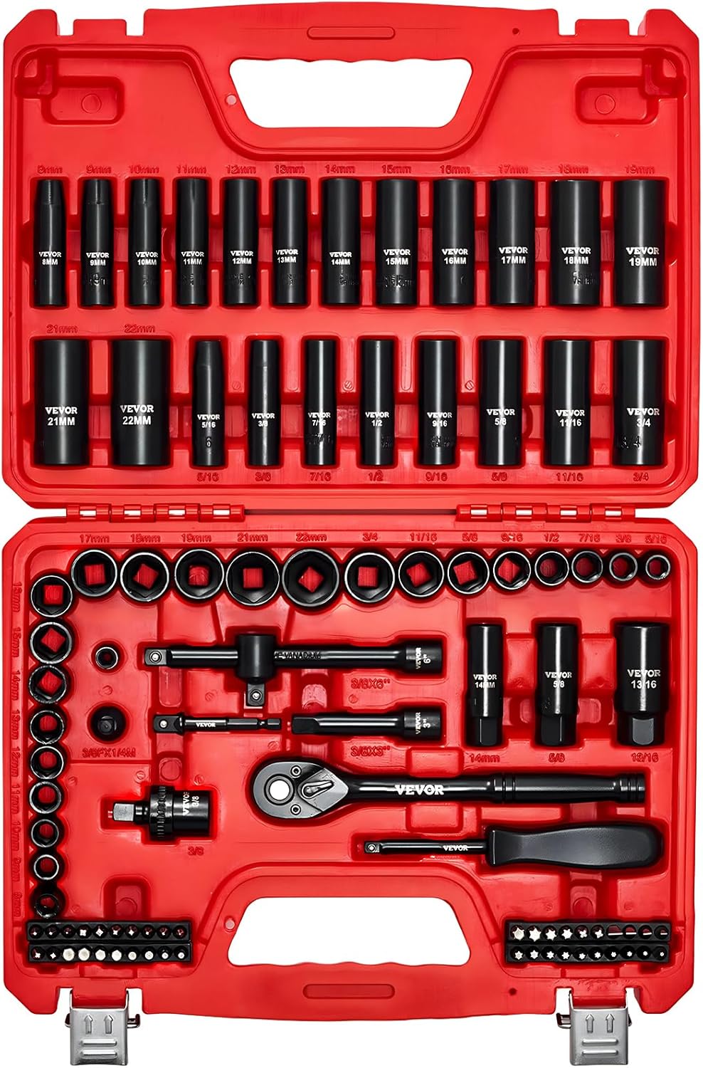 VEVOR 96 Piece 3/8" Drive Impact Socket Wrench and Bit Set, SAE (5/16" to 3/4") & Metric (8 to 22 mm), CR-V, Deep & Shallow, 6 Point, Ratchet, Universal Joint, Bit Holder, Adapters, Spark Plug Socket