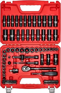96 Piece 3/8" Drive Impact Socket Wrench and Bit Set, SAE (5/16" to 3/4") & Metric (8 to 22 mm), CR-V, Deep & Shallow, 6 Point, Ratchet, Universal Joint, Bit Holder, Adapters, Spark Plug Socket