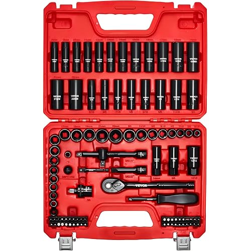 VEVOR 96 Piece 3/8" Drive Impact Socket Wrench and Bit Set, SAE (5/16" to 3/4") & Metric (8 to 22 mm), CR-V, Deep & Shallow, 6 Point, Ratchet, Universal Joint, Bit Holder, Adapters, Spark Plug Socket