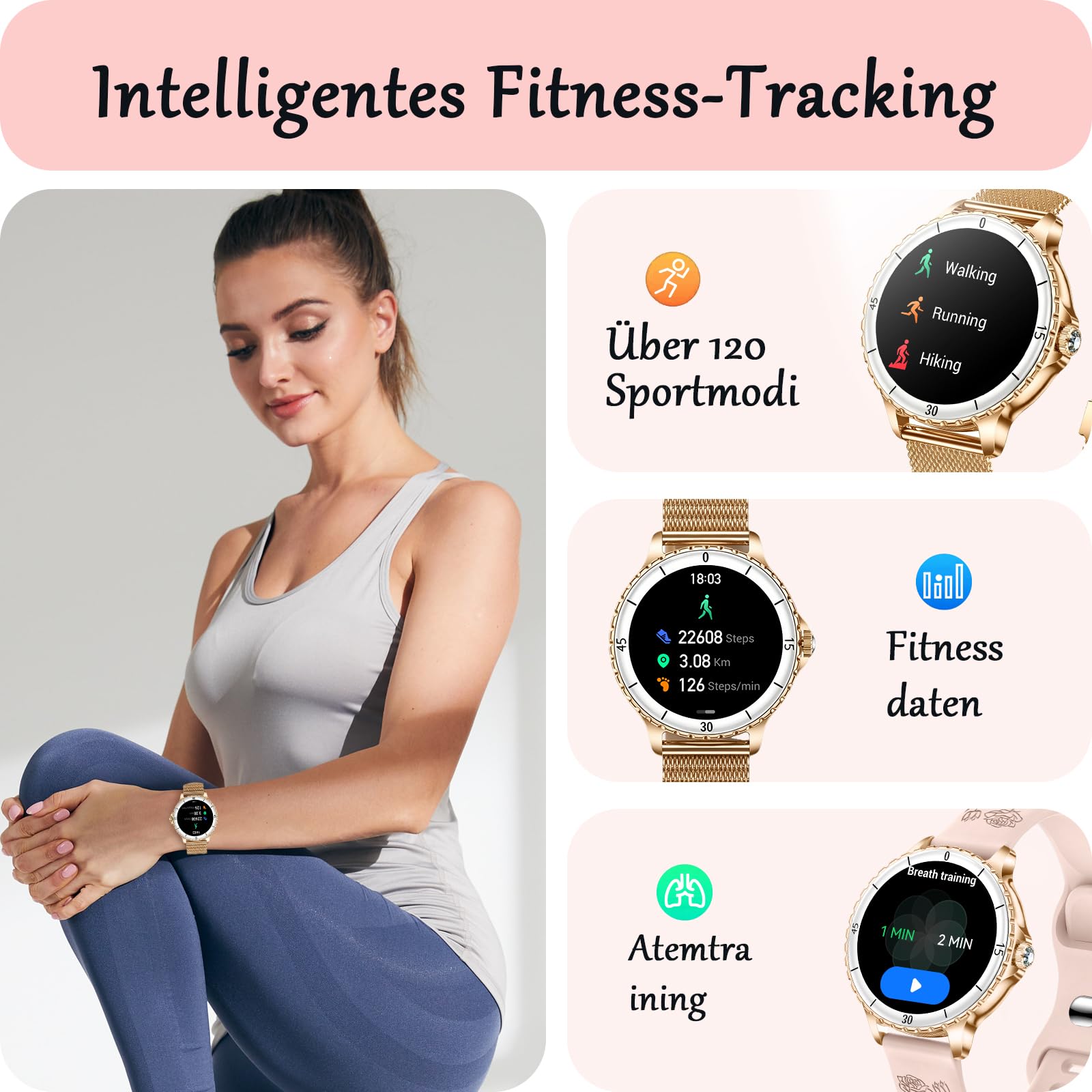 Smartwatch Damen mit Telefonfunktion, 1,27", 2 Armbänder, Rose Gold | 120+ Sportmodi Fitness Tracker, Herzfrequenz/SpO2/Schlaf Monitor Schrittzähler, IP68 Wasserdicht Sportuhr für iOS Android
