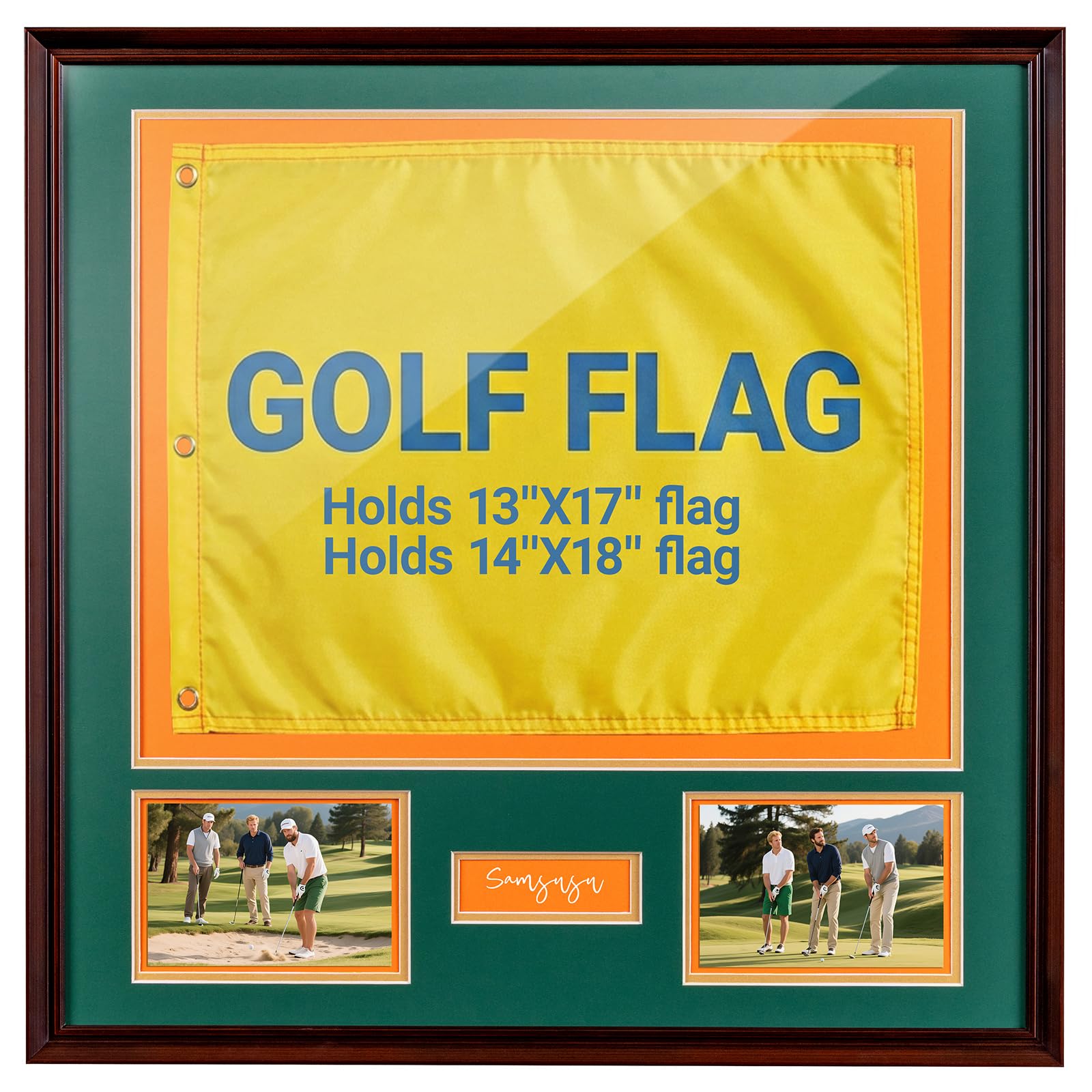 Cadre drapeau de golf 61x61 cm en noyer : le cadeau idéal pour immortaliser un trou en un