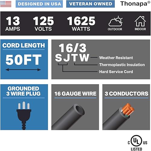 Miniatura 2 de Cable de extensión para exteriores de 13 amperios de 50 pies, 163 SJTW de 50 pies, cable de extensión negro de 3 puntas, cable de alimentación