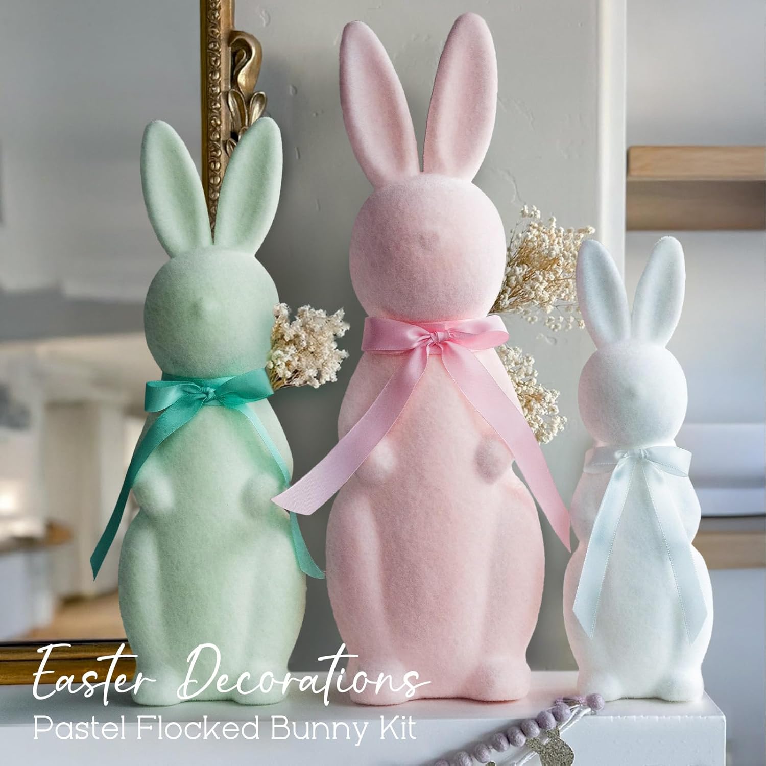 Easter Decorations - 3 Pack Pastel Flocked Bow-Tied Bunny Set (10", 13", 16") - Spring Table Centerpieces for Indoor Decor - Easter Bunny Figurines Decoration for Home Party Office - Image 4