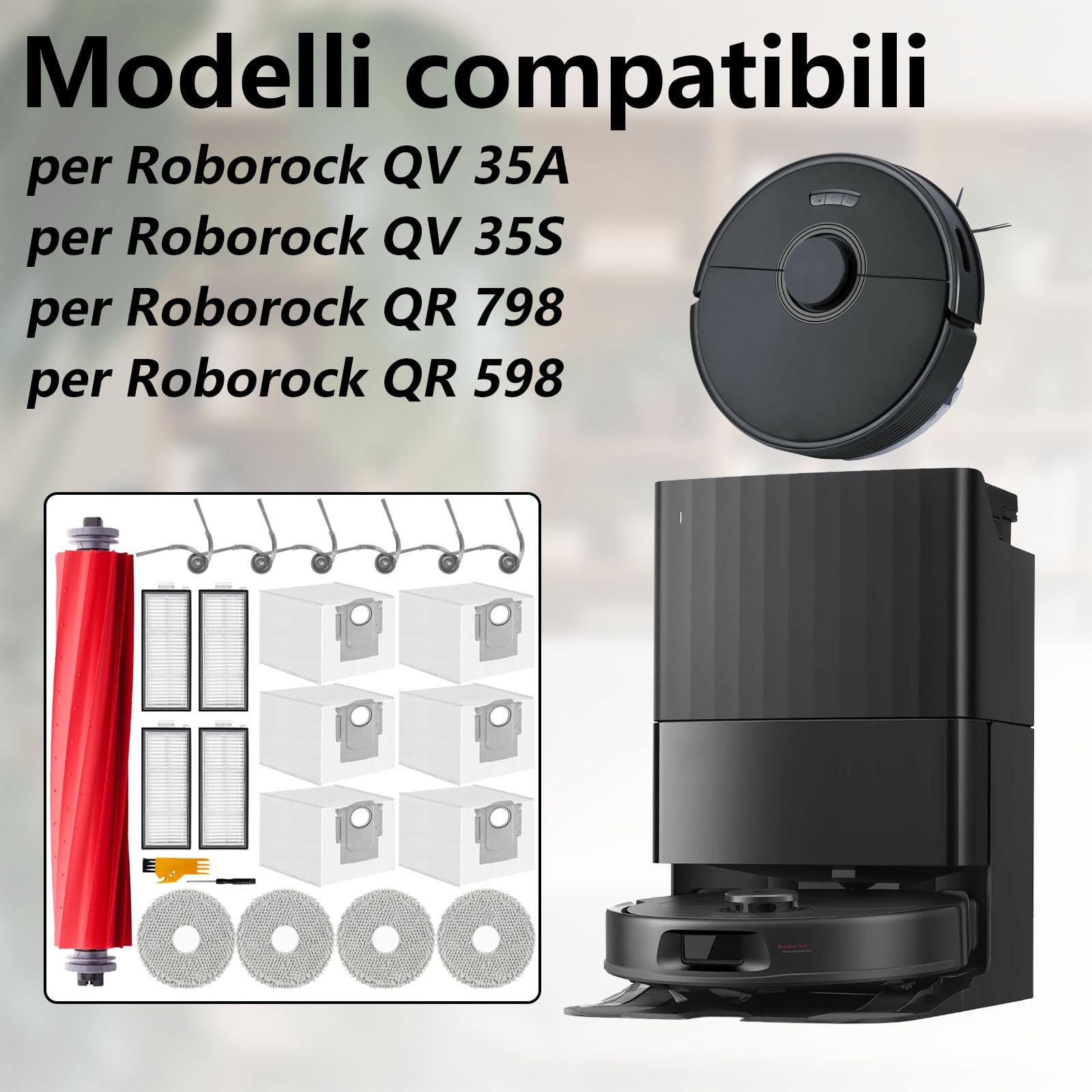 Accessori Per Roborock QV 35A / Qrevo S Pro/QR 798/598 Aspirapolvere | QV 35A Ricambio 21 pezzi, 1 Spazzole Principali, 4 Asciugamani, 4 Filtri, 6 Sacchi di Polvere, 6 Spazzole Laterali