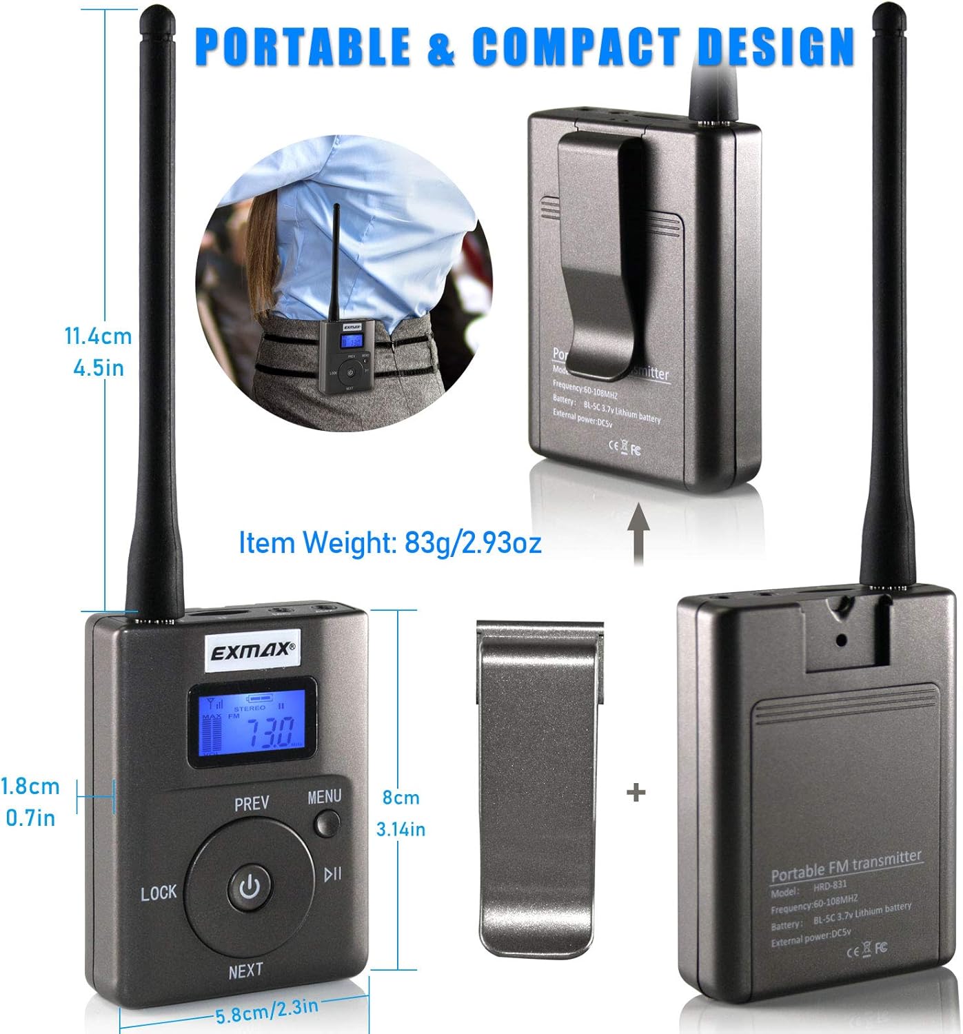EXMAX Portable 0.2W/200mW Stereo Wireless FM Transmitter Radio MP3 Music Player Broadcast with 3.5mm AUX Microphone Support TF Card for Tour Guide System Teaching Simultaneous Meeting Black