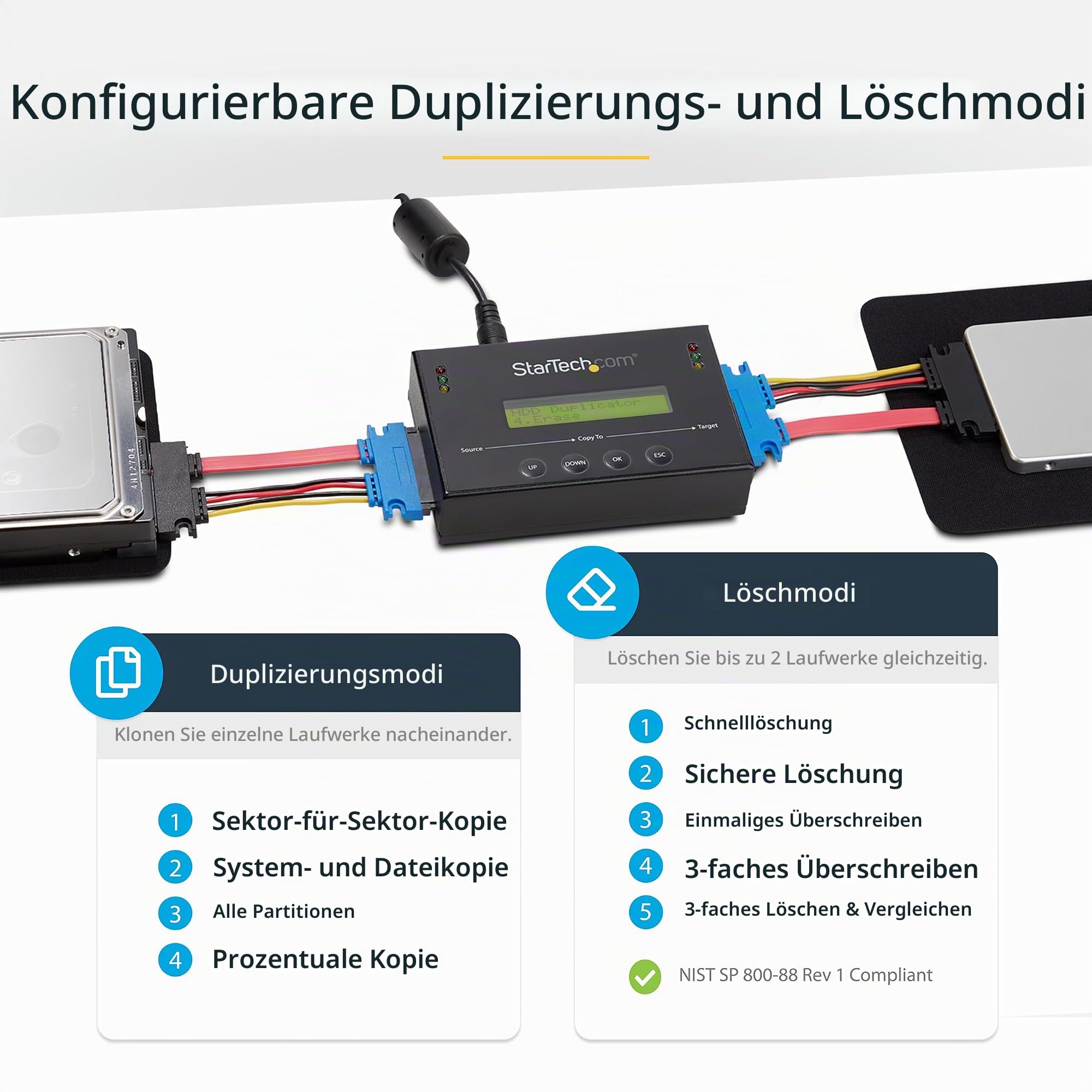StarTech.com 2,5 / 3,5" SATA / SSD Festplatten Duplikator / Eraser - Festplatten Kopierstation mit 14 GB/s Duplizier-Geschwindigkeit
