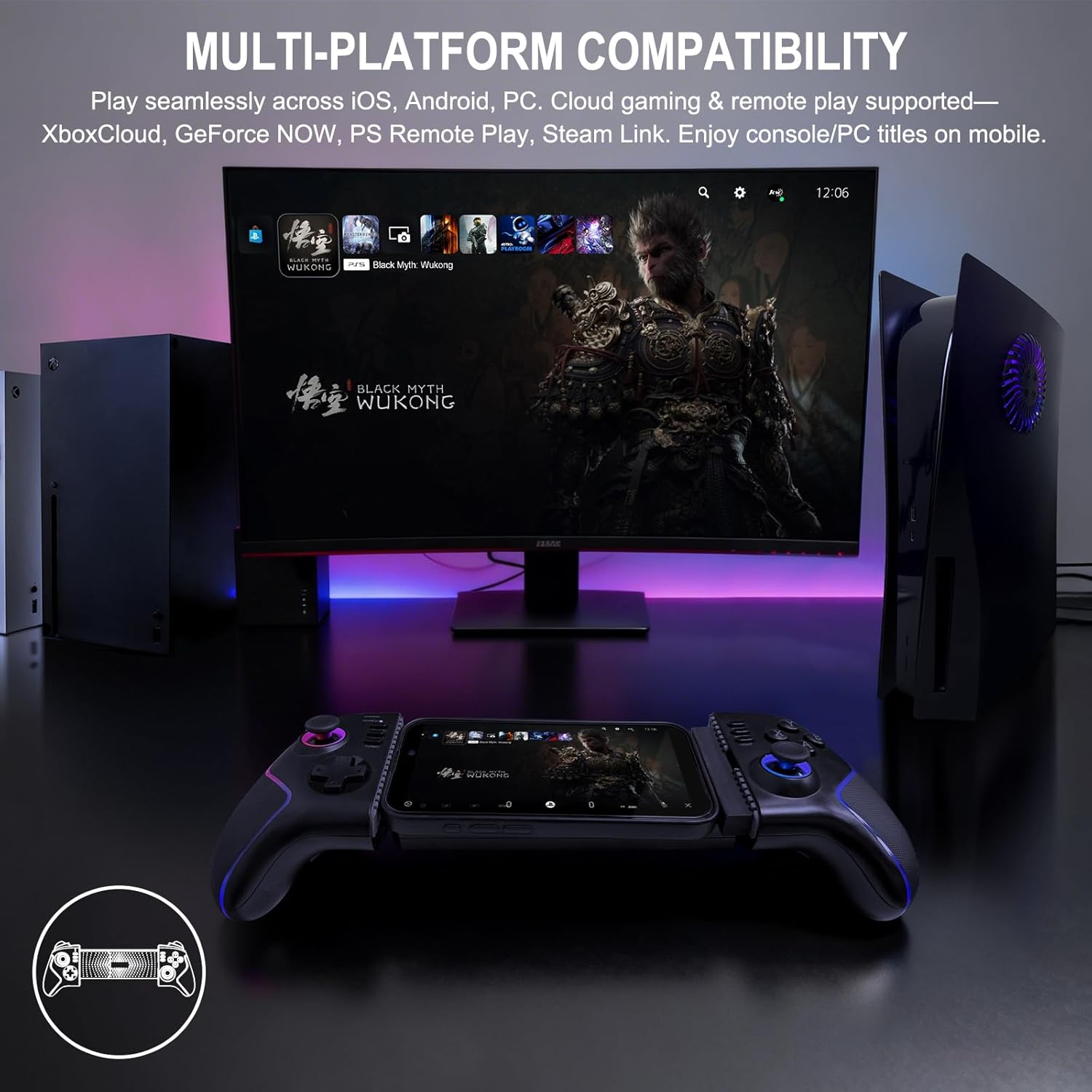 Joso Phone Controller for iPad 13" & Tablet, iPhone Controller Android Control with Hall Joysticks/Triggers/Macro/Turbo/RGB Light, and Clamp Lockable iPad, Play P5/P4/Xbox/PC Streaming & Cloud Gaming