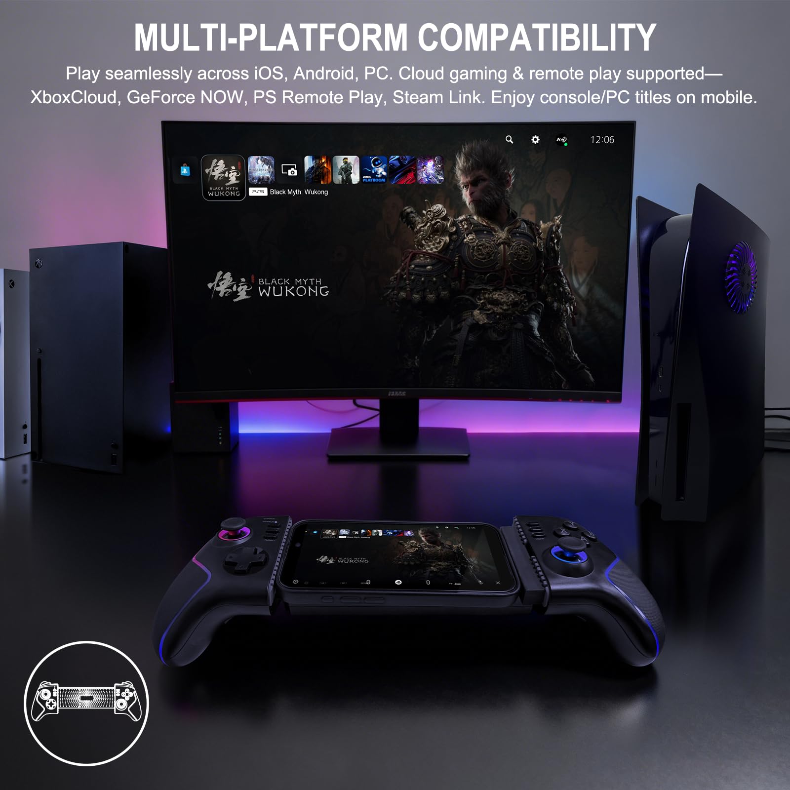 Joso Controller per telefono per iPad 13" e tablet, controller iPhone controllo Android con joystick Hall/trigger/macro/turbo/luce RGB, e morsetto bloccabile per iPad, Play P5/P4/Xbox/PC Streaming e