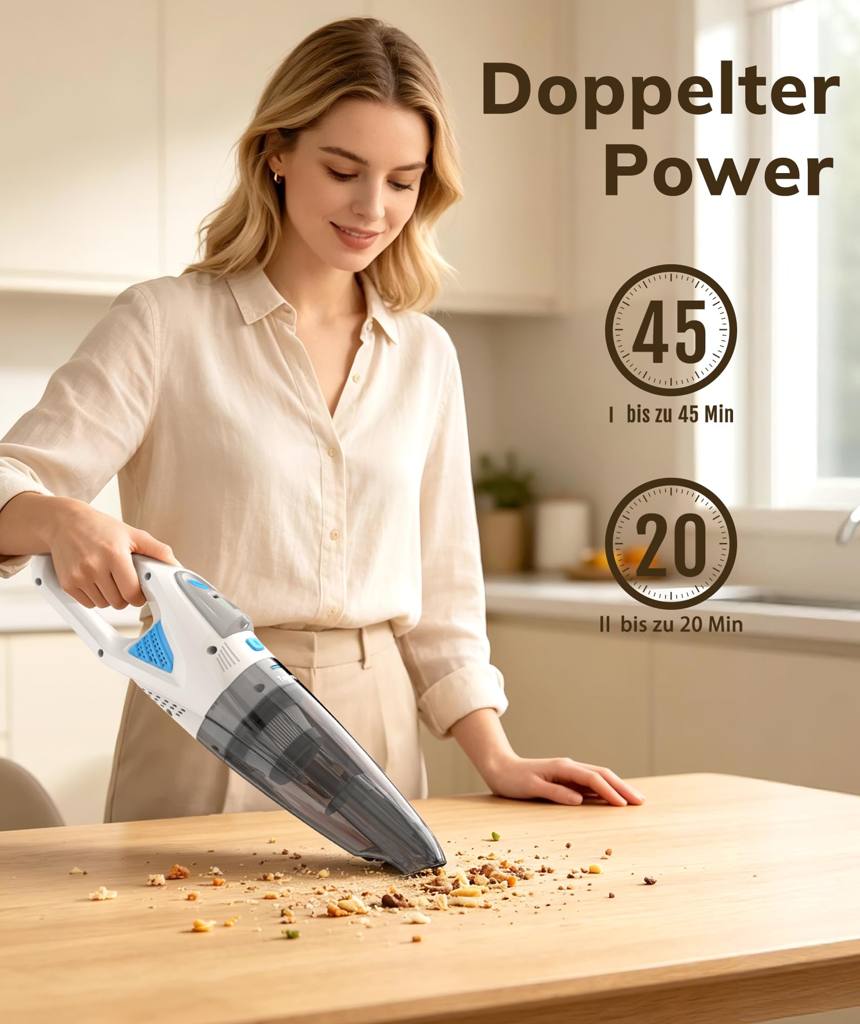 Topipop Aspiradora de mano con batería de 25000 Pa de gran potencia de succión, aspiradora inalámbrica con filtro HEPA y accesorios, aspiradora ligera para pelo de animales, alfombra de casa, oficina