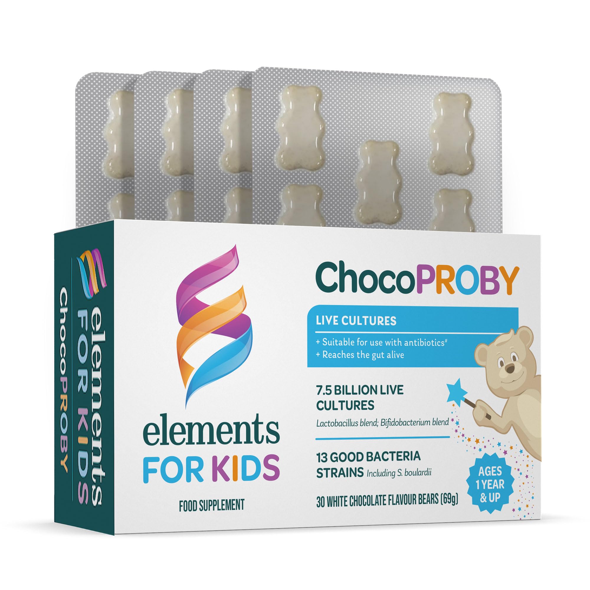 – ChocoPROBY - Probiotic Kids Supplement with 13 Bacteria strains, Lactobacillus Blend, Bifodobacterium Blend, S. boulradii; 30 White Chocolate Flavoured Bears