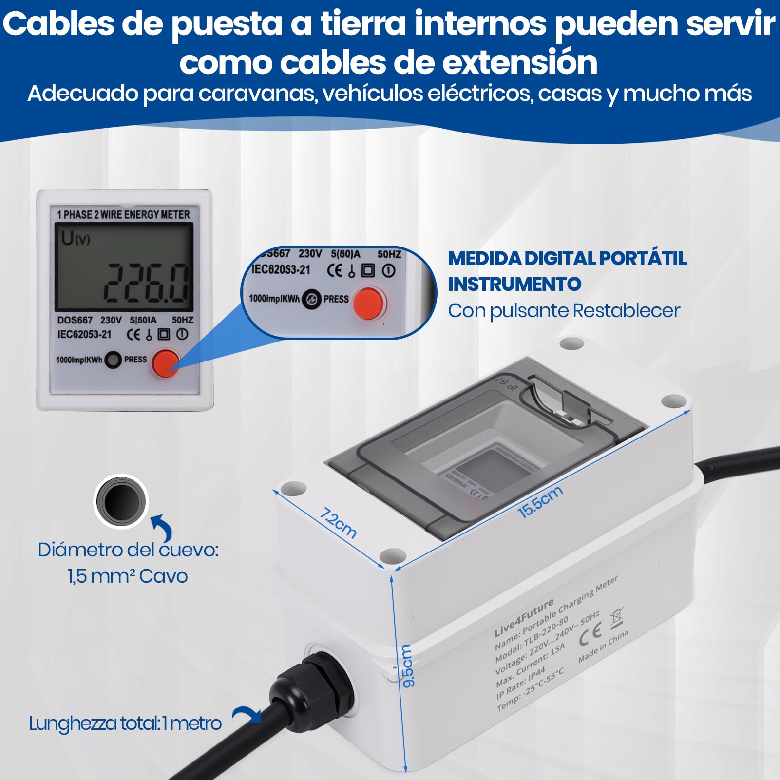 Medidor de Consumo Electrico Digital Portátil de Electricidad 230V IP67 LCD Display Restablecimiento Fácil Medidor para RVs Vehículos Eléctricos Sitios de Construcción