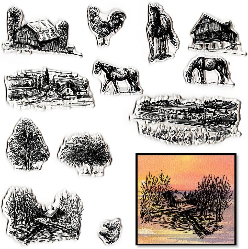 House Tree Clear Stamps for Card Making, Field Horse Transparent Rubber Stamps for Bullet Journal DIY Scrapbook Decoration Handmade Crafts Notebook