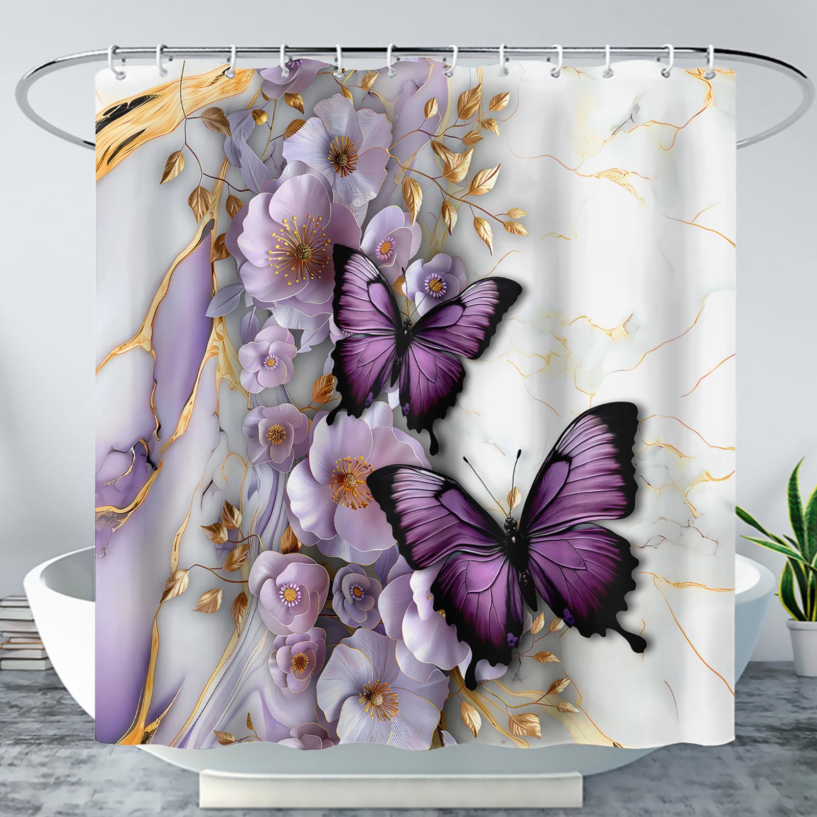 AILONEN Purple Floral Butterfly Shower Curtain, Waterproof Gold White Marble Flower Bath Curtain for Kids Girls Women, 48