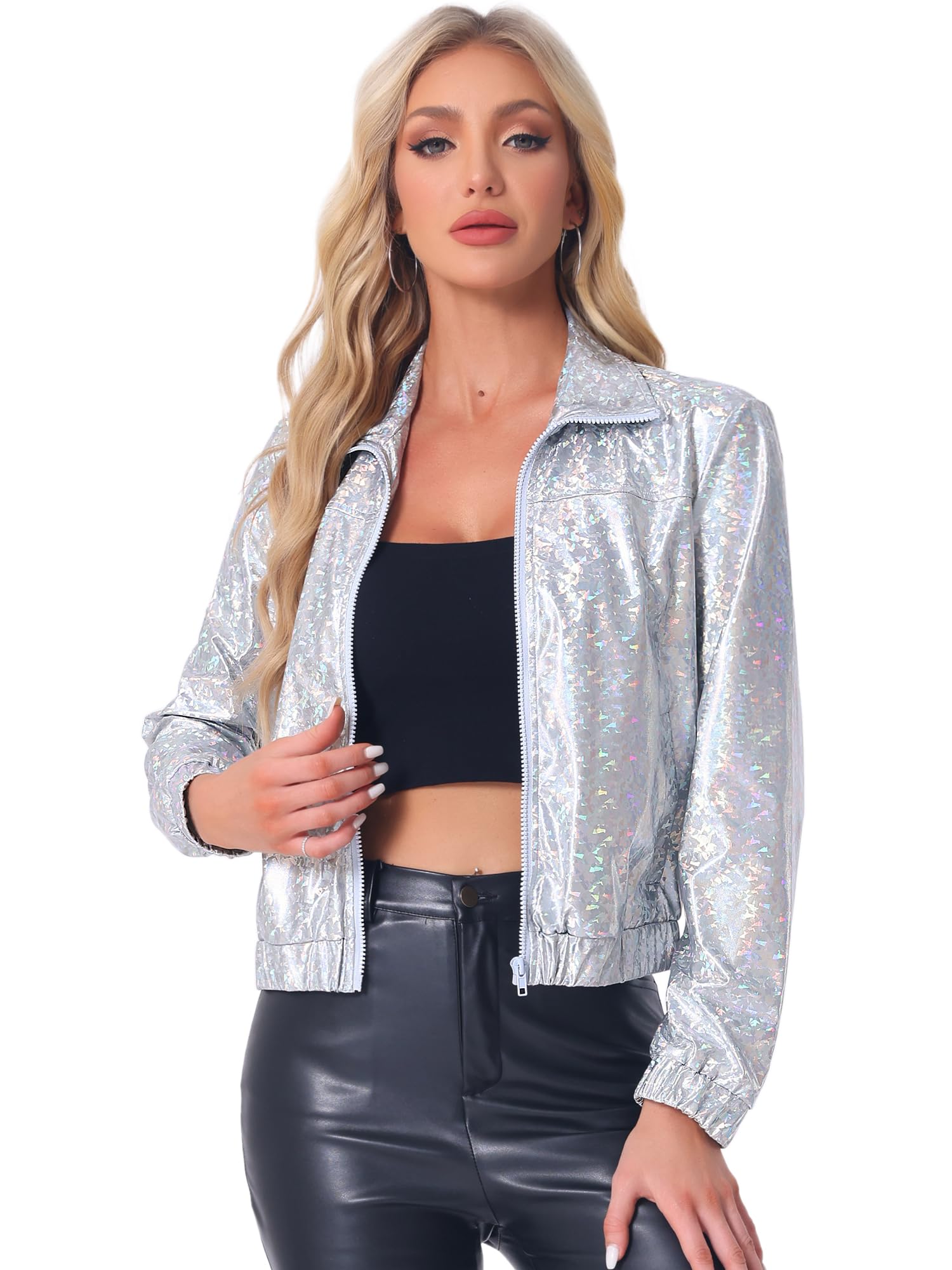 Chaqueta Bomber Metálica Para Mujer - Brillante Plateada, Ideal Para Fiestas Y Carnavales