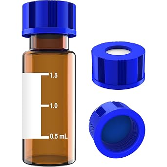Autosampler 2ml HPLC/GC Sample Vials with Writing Area and Graduation, 9-425 Screw Cap, Blue PTFE & White Silicone, Pre-slit Septa, 100 Pieces