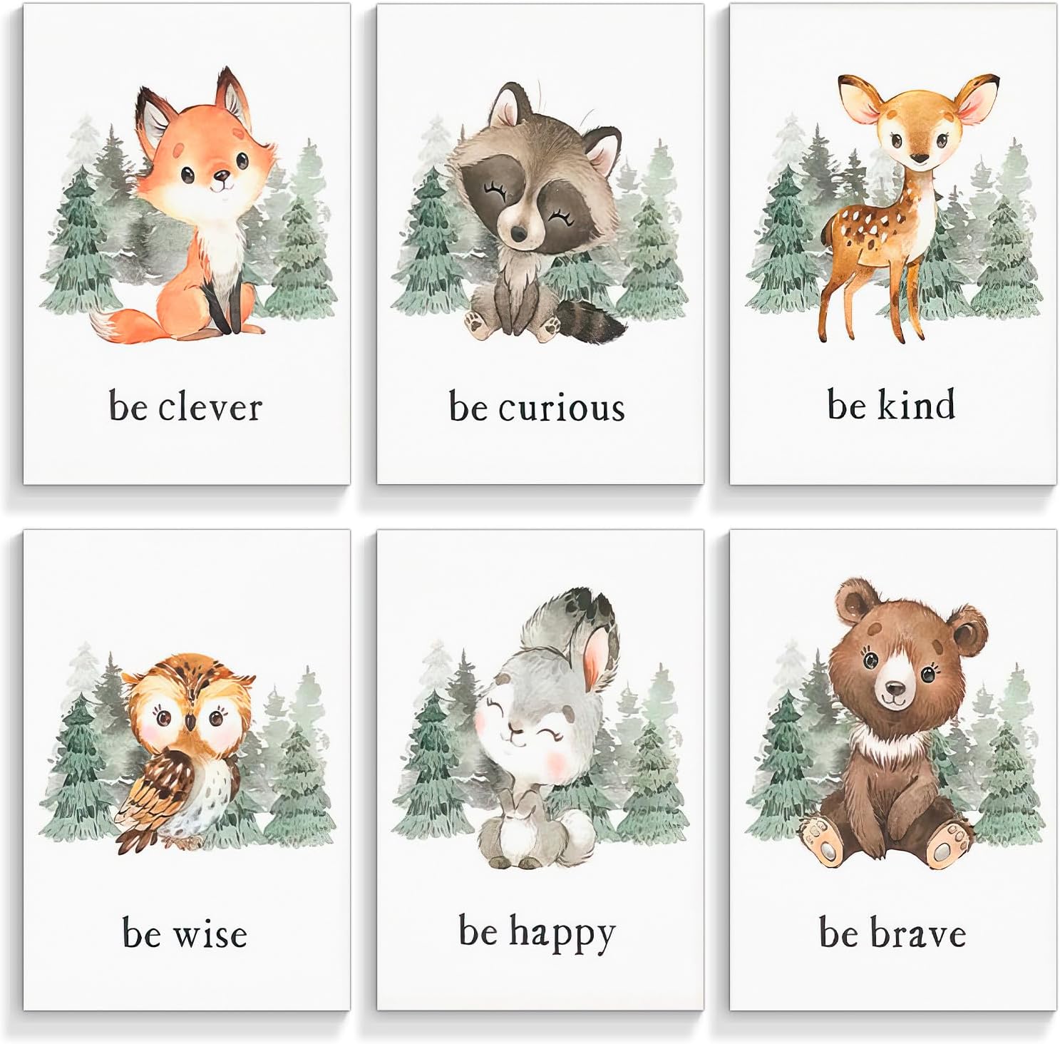 gooptyinh Woodland Nursery Animal Canvas Wall Art, 6 Piece Inspirational Forest Animals Print Posters, Motivational Quotes Cute Bear Fox Rabbit Deer Raccoon Owl Decor for Baby Bedroom 12x16in Unframed