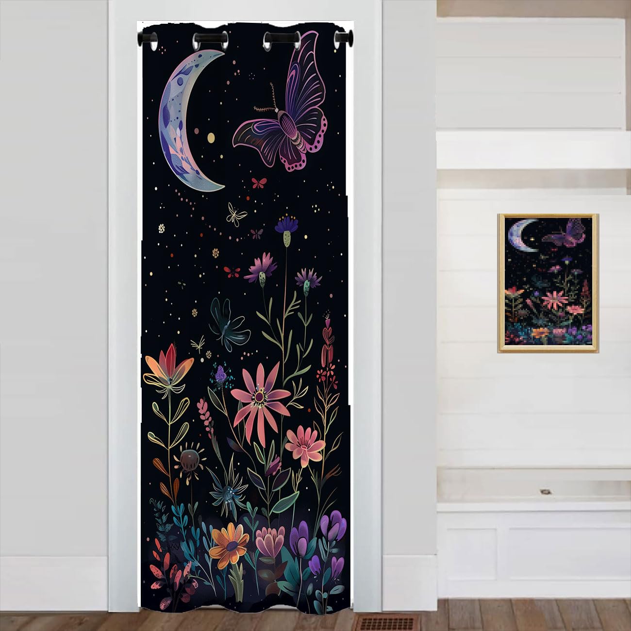 Fangpamz Purple Moth Door Curtain, Butterfly Flowers Plants Night Room Divider Curtain for Kids Boys Girls Teens Room Decor, 1 Panel 34" W X 80" L