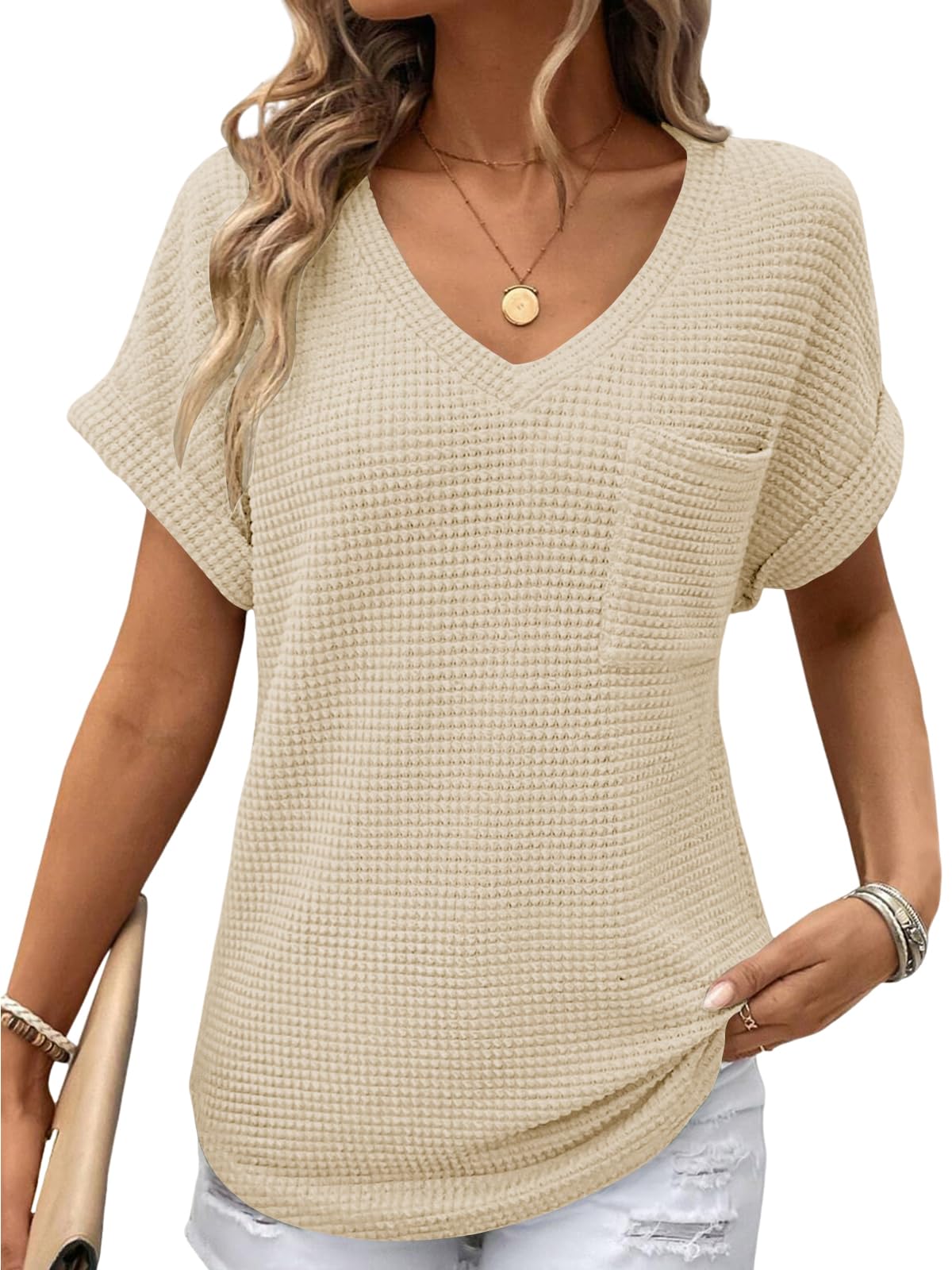 Cuptacc Tshirt Damen V Ausschnitt|Kurzarm,Waffle,Locker Sitzende Tunika Mit Brusttasche,Weiches Atmungsaktives Basic Oberteil Für Komfort Im Alltag