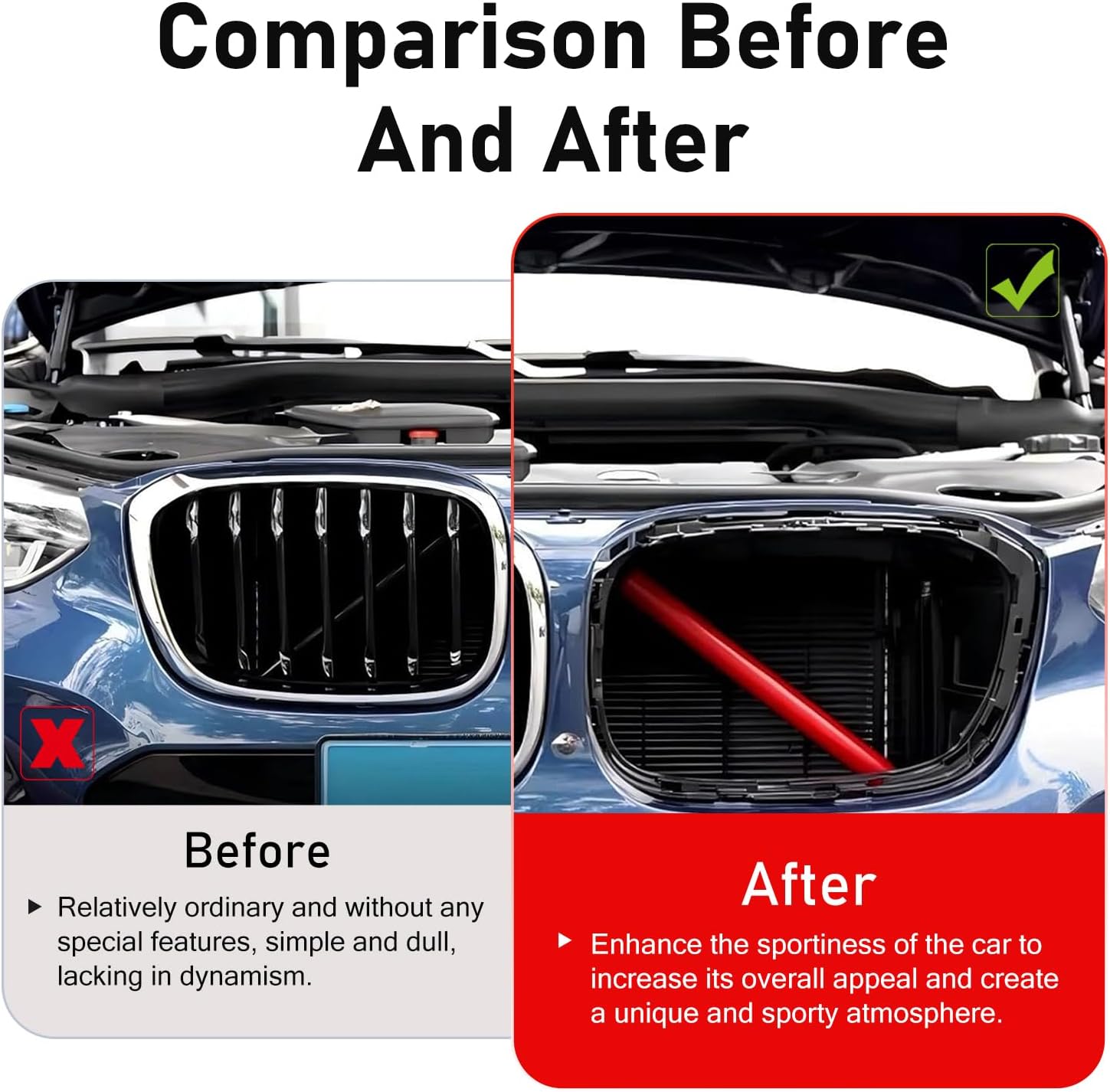 2 PCS Grill Inserts Trims, 11" V Brace Grille Strip, Clip-on Front Bumper Grille Decorative Cover, Compatible with BMW 3 4 5 6 7 Series X1 X2 X3 X4 X5(Red)