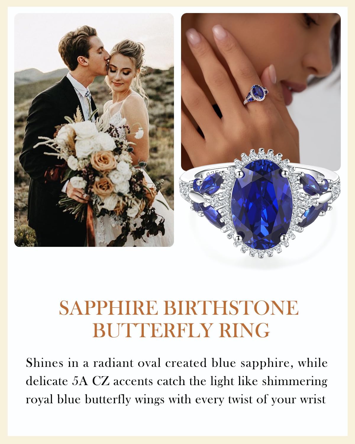 AIBAO Large Oval Engagement Rings for Women Sterling Silver Created Sapphire/Ruby/Aquamarine/Emerald/Amethyst/Alexandrite/CZ Butterfly Halo Ring Birthstone Rings Jewelry Size 6 to 10