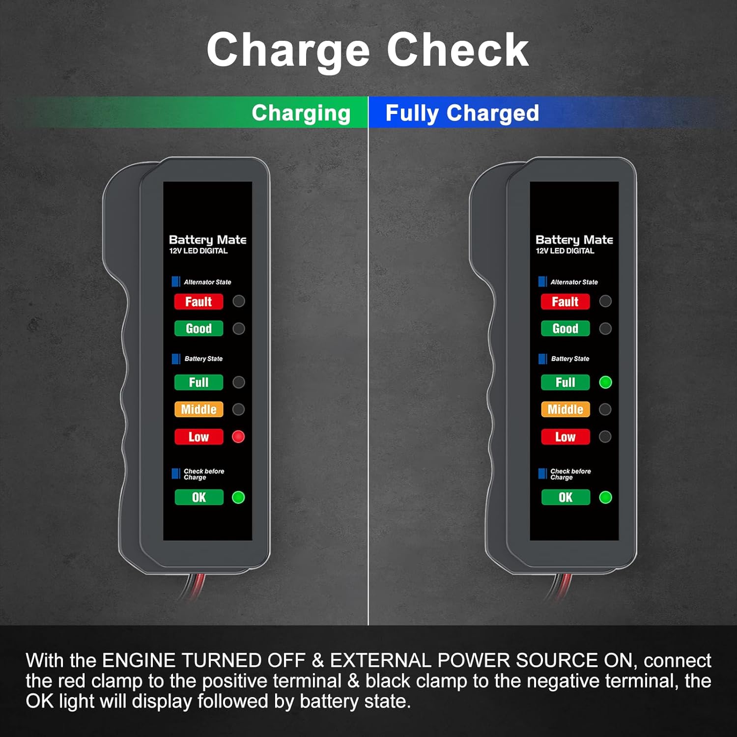 Charge check showing charging and fully charged states with corresponding LED indicators