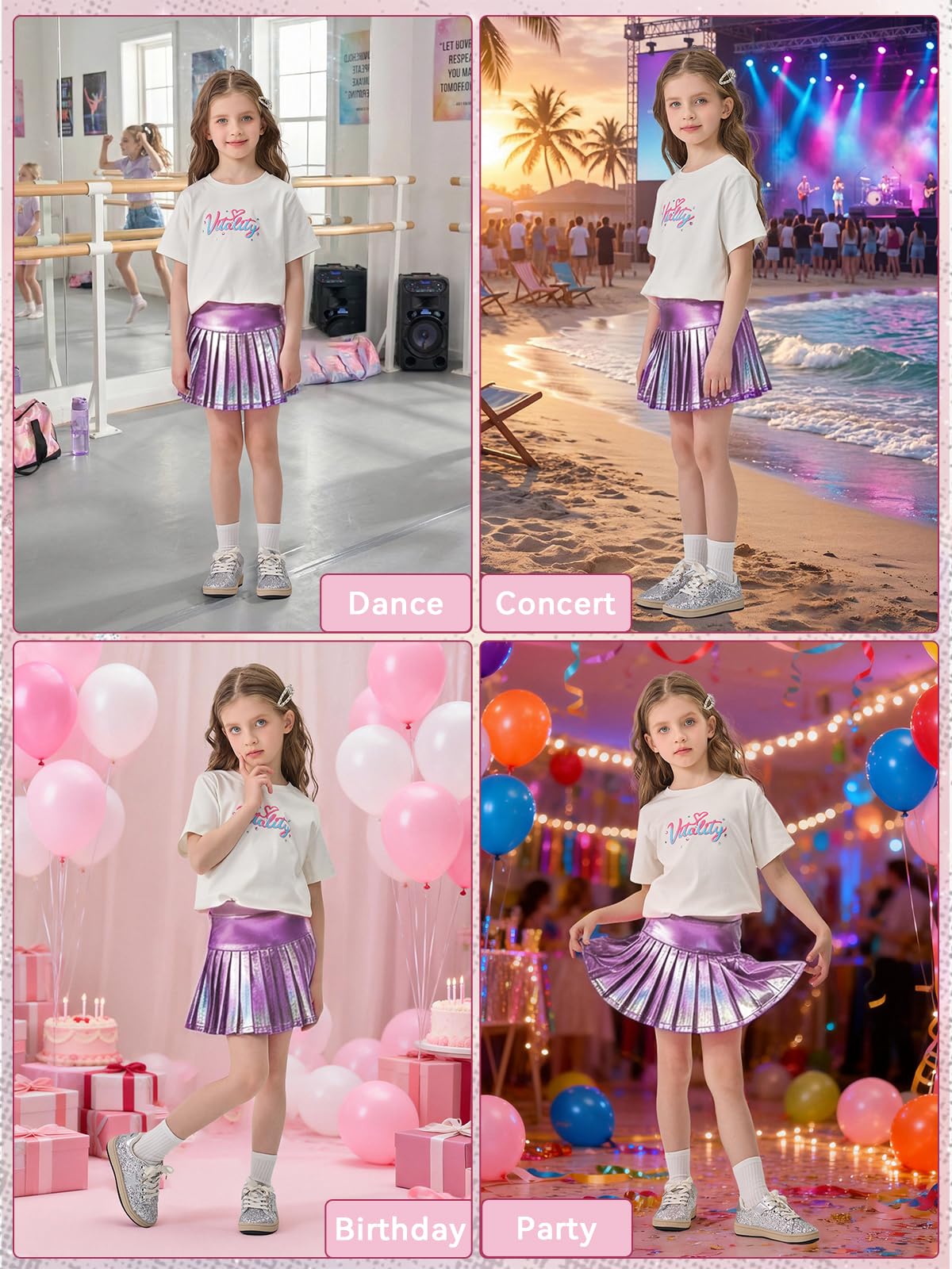 Miipat Gonna Metallizzata Scintillante A Pieghe per Bambina, Plissettata Gonna con a Pantaloncini Interni e Tasche Ragazze Minigonna Lucide Vita Elastica per Bambini Festa Ballo Danza Tennis