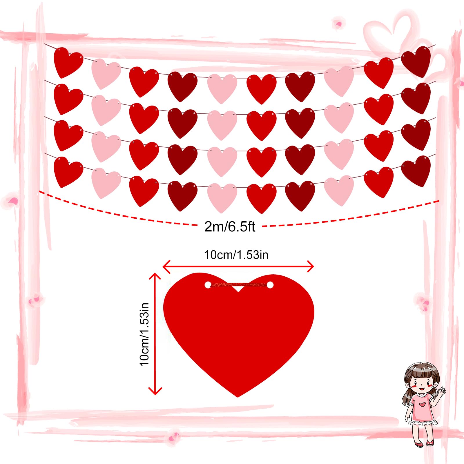 BLMHTWO Set Di 4 Ghirlande A Forma Di Cuore In Feltro Per San Valentino - Decorazioni Rosse, Rosa E Bordeaux Da Appendere Per Matrimoni E Fidanzamenti - 2