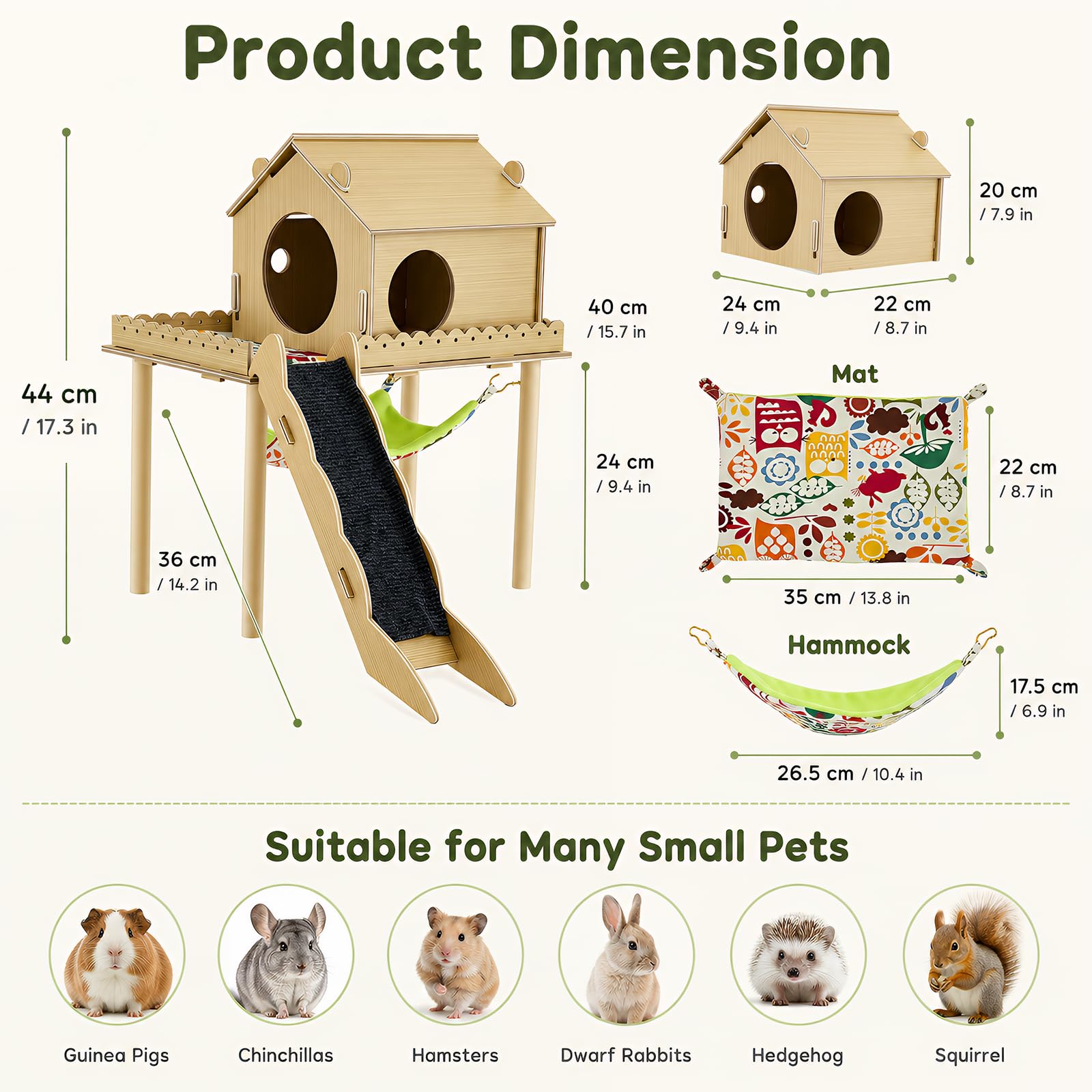 Maison 3-en-1 pour cochon d'Inde, maison pour hamster avec plateforme, escalier, rampe et cachette, accessoires pour petits animaux avec hamac, convient pour lapins, hamsters nains