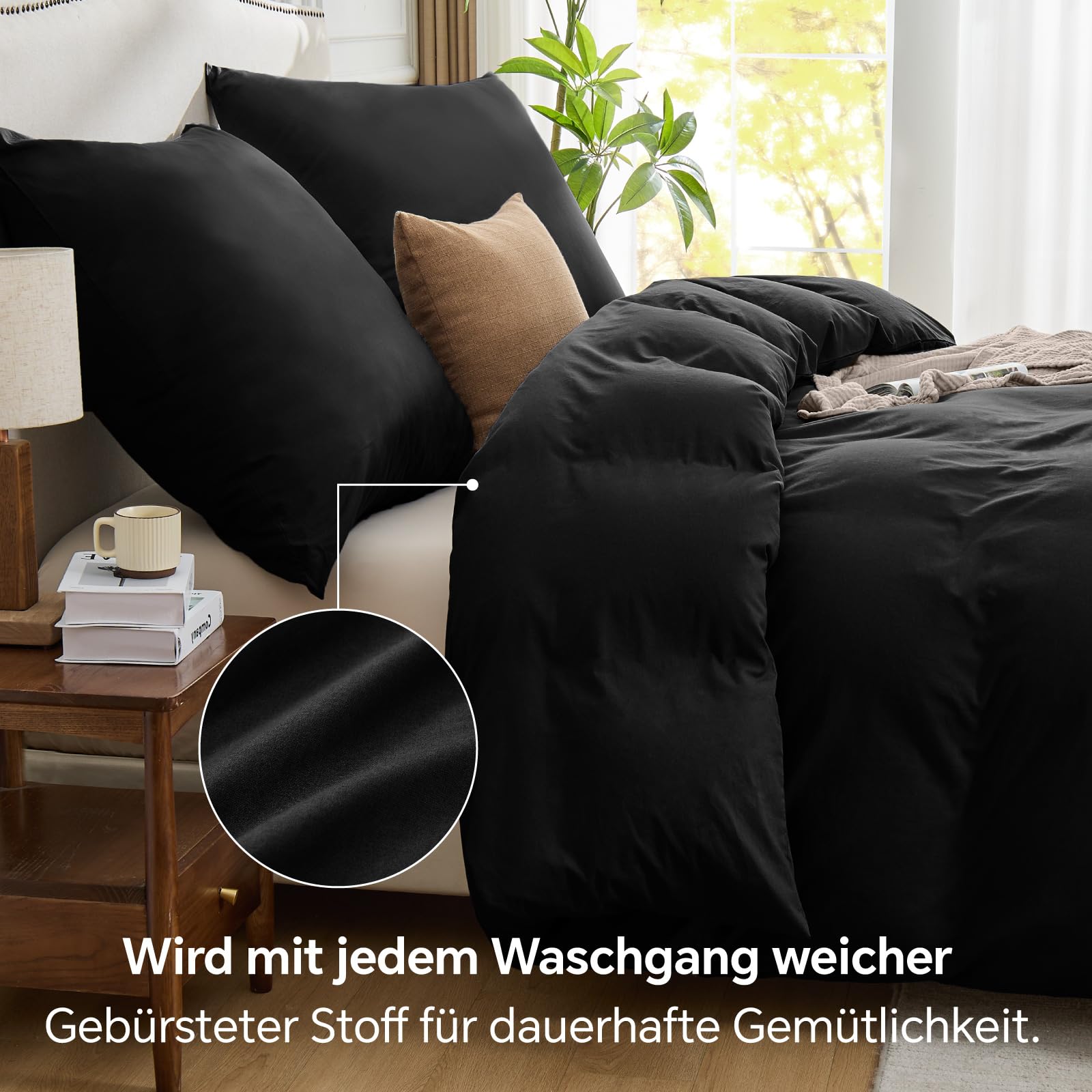 BEDELITE Bettwäsche 135x200 Baumwolle 4teilig - Bettbezüge 135x200cm 2er Set Schwarz mit 2 Kissenbezüge 80x80 cm, Oeko-TEX Bedding weiche und kuschelige Bettwaren