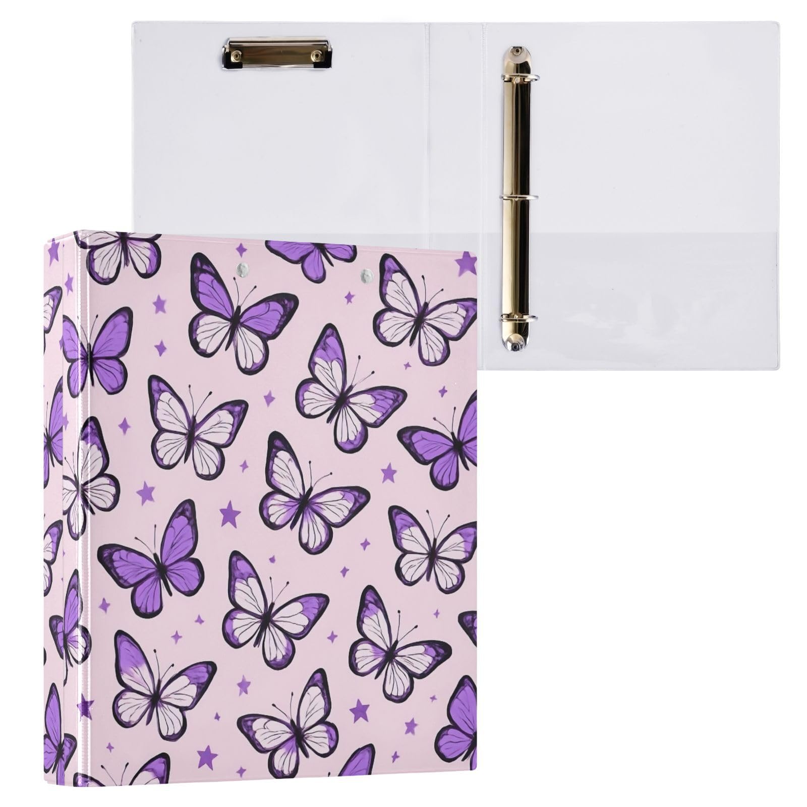 Raccoglitore a 3 anelli con stampa da 3,8 cm, raccoglitore ad anelli a D con tasche, raccoglitore decorativo per scuola, università o ufficio, viola, farfalla, stella, rosa