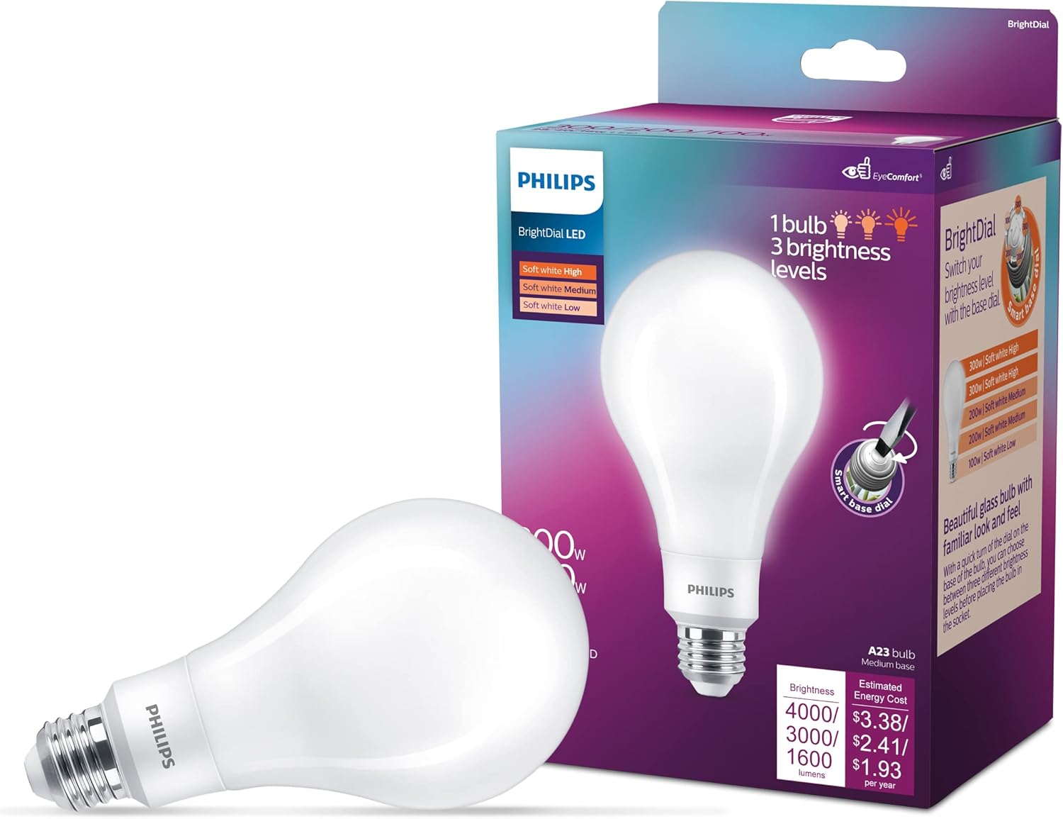 PHILIPS LED 300-200-100W A23 1-Pack BrightDial Soft White (2700K) 4000-3000-1600 Lumen (28-20-16 = 300-200-100W) Frosted Flicker-Free Light Bulb